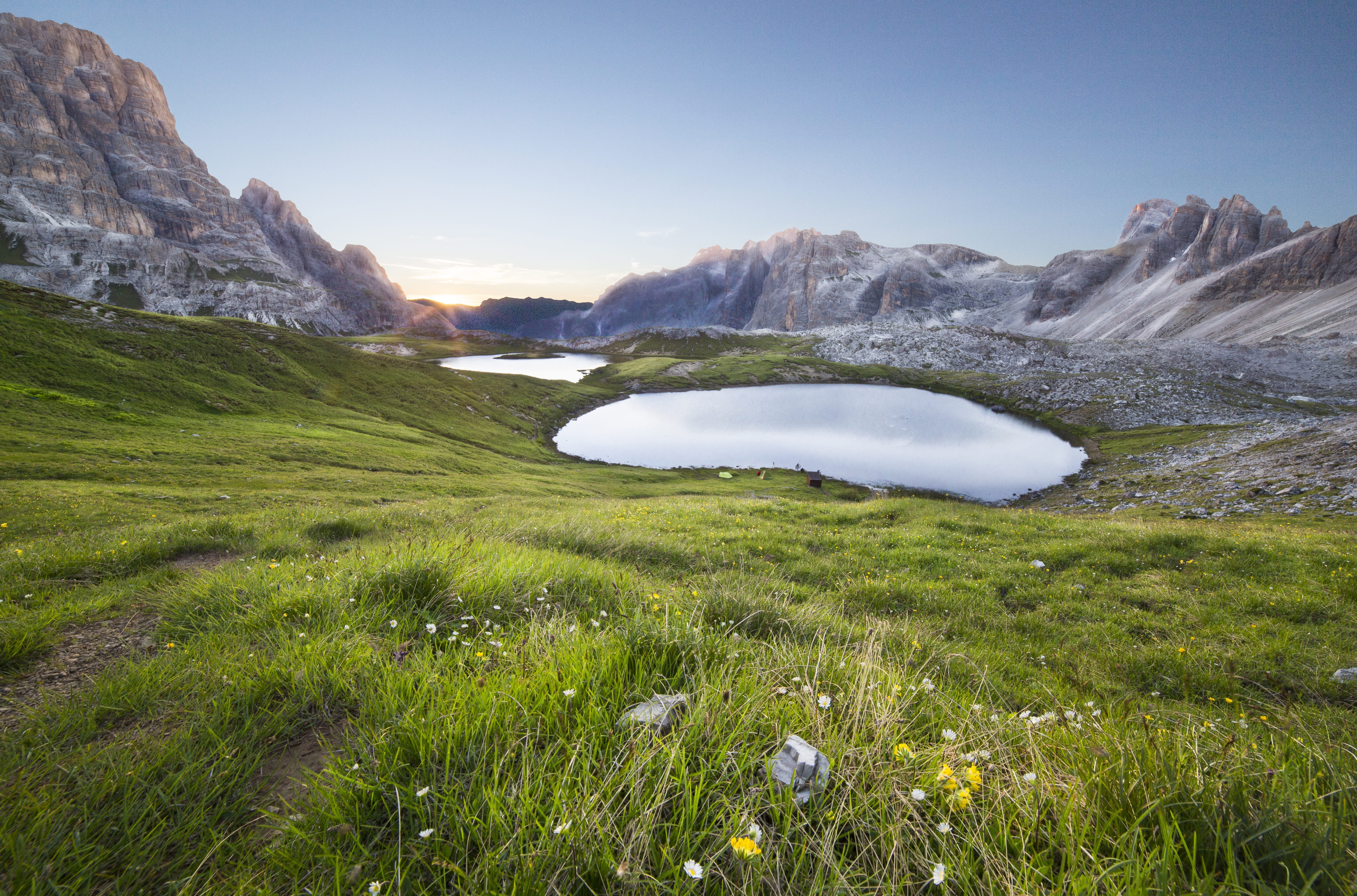 grass, mountain, field, mountains, water, hiking, alpine, blue, land, light, sky, plant, sunset, natural, scenics - nature, idyllic, clear, non-urban scene, HD Wallpaper