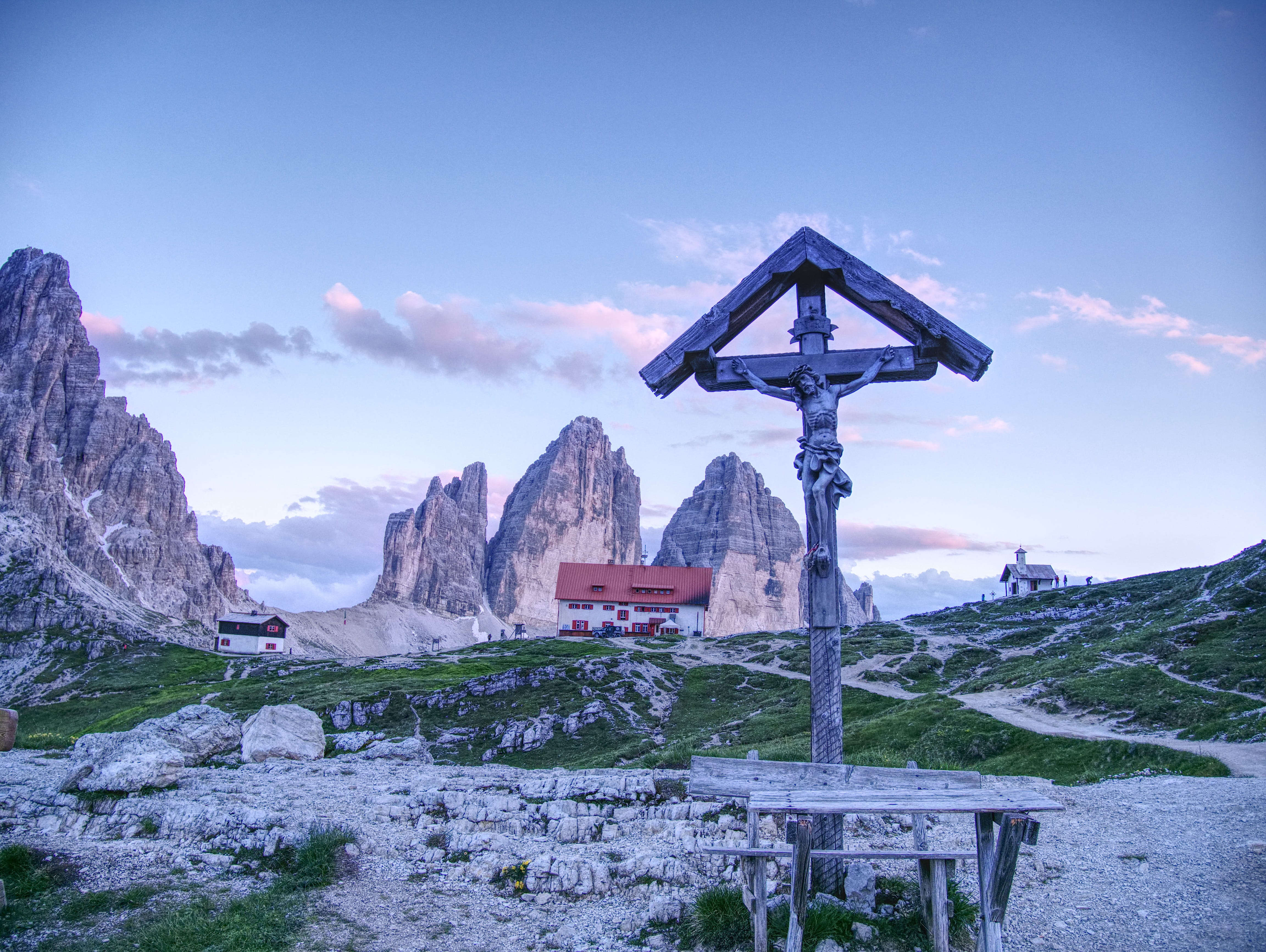 cloud - sky, mountain, 4K, beauty in nature, outdoors, sky, tranquil scene, architecture, hiking, three peaks of lavaredo, stones, winter, tranquility, HD Wallpaper