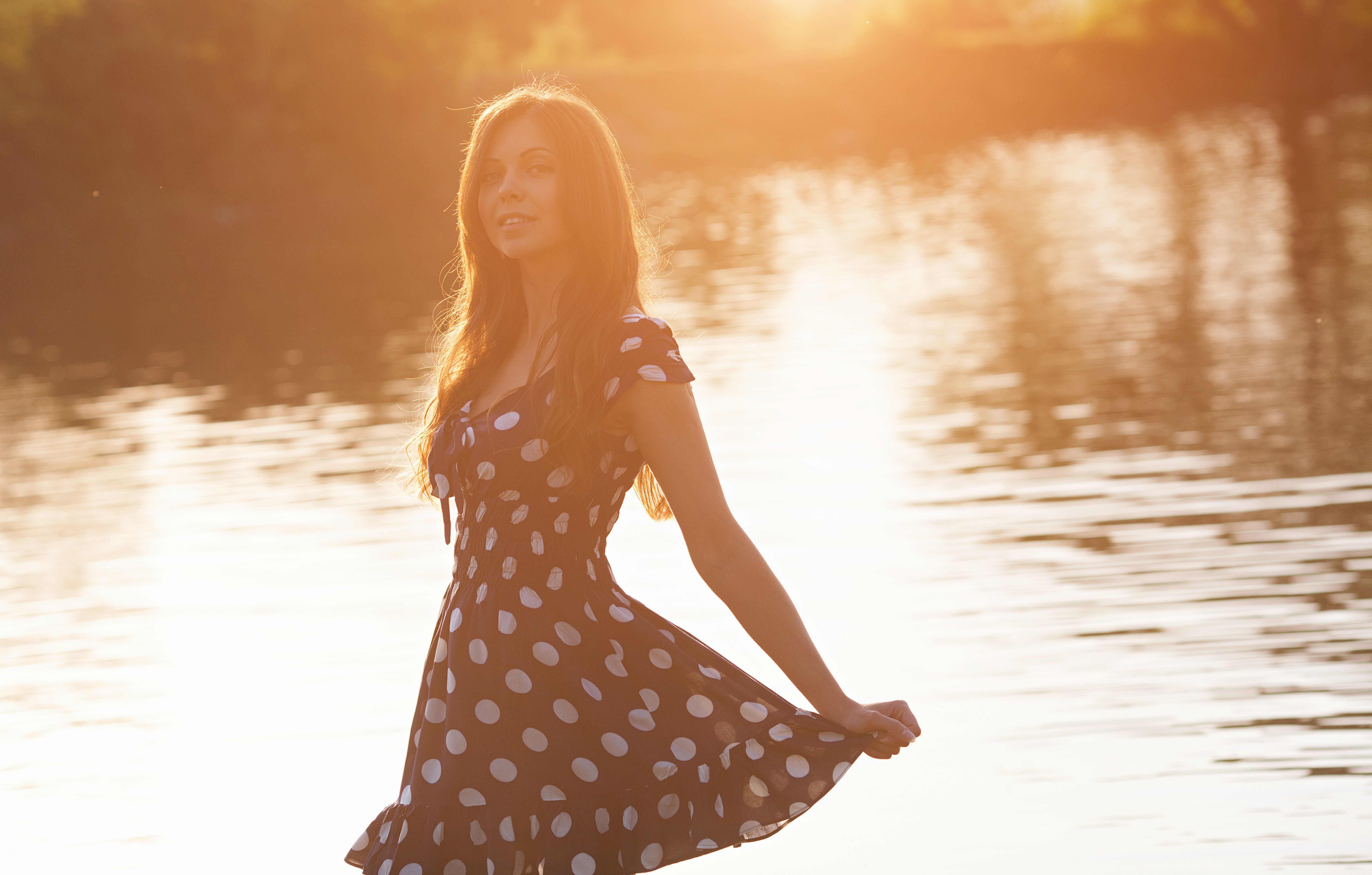 outdoors, portrait, sunlight, polka dot, leisure activity, lake, beauty, nature, fashion, young women, women, young adult, brunette, 8K, happy, forest, HD Wallpaper