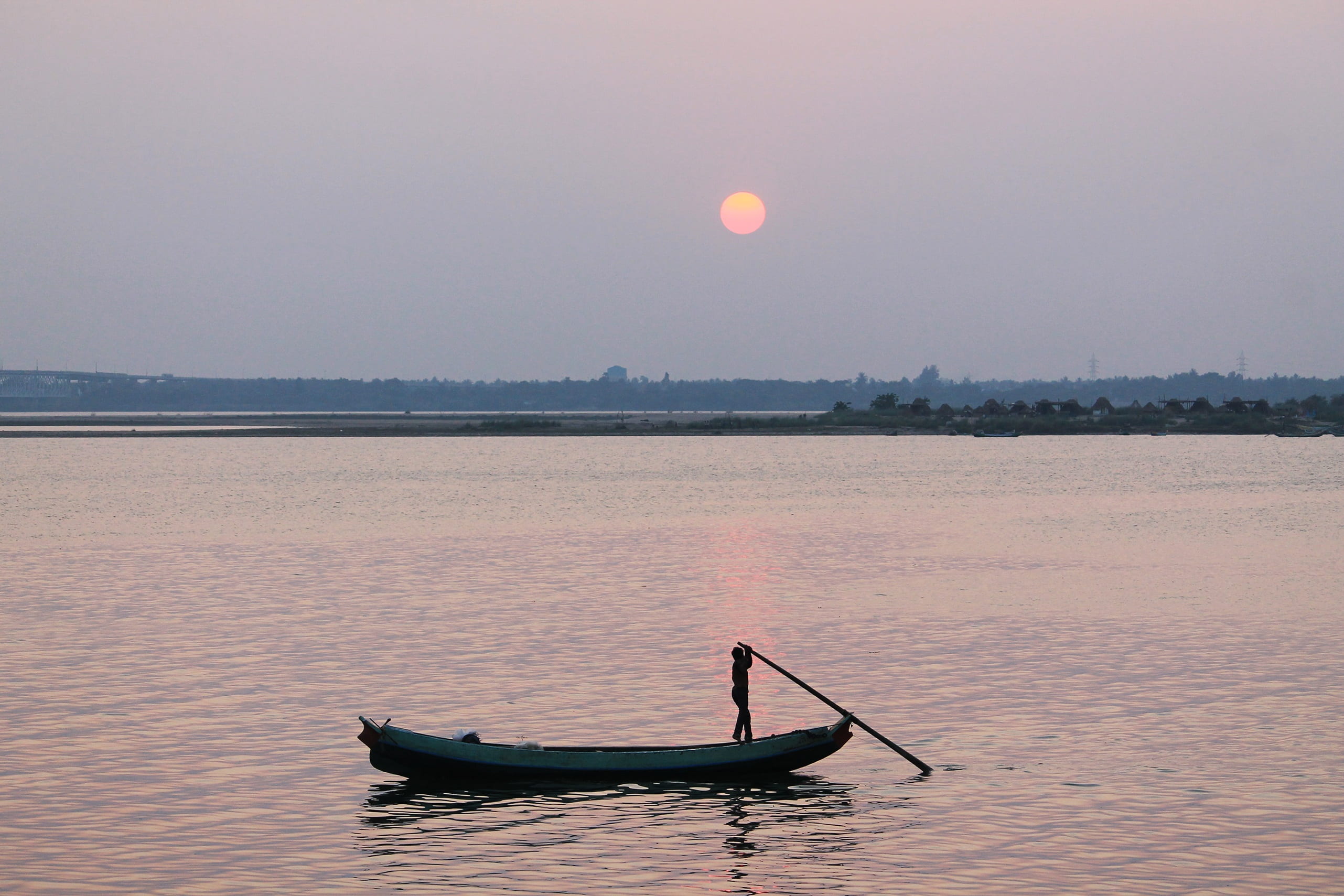 landscape, transportation, boat, evening, sky, sunset, 2K, outdoors, full moon, tranquility, sun, boatman, beauty in nature, scenics - nature, nature, HD Wallpaper