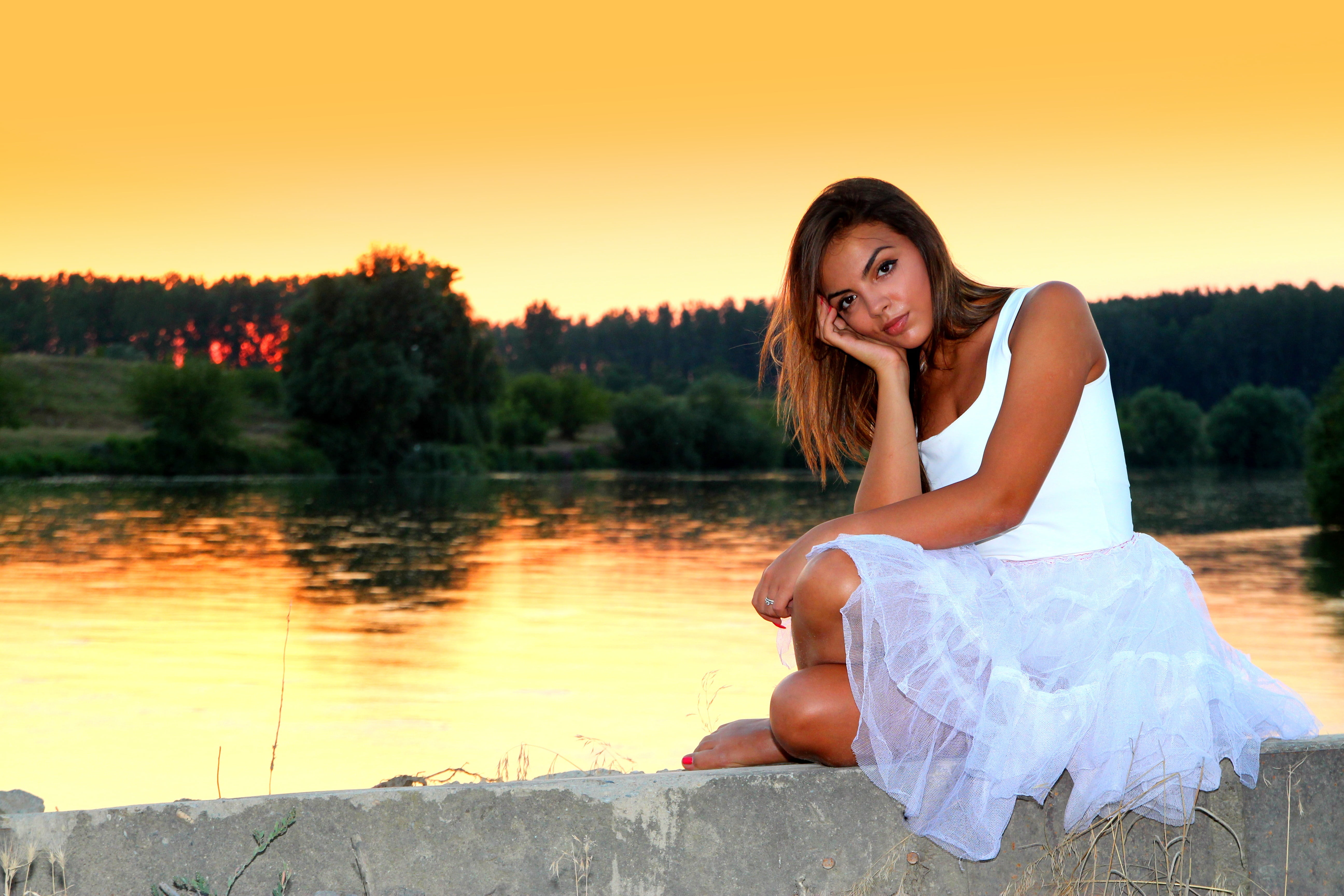 rail, dress, concrete, orange color, white, lake, young Adult, happiness, in the evening, caucasian Ethnicity, cheerful, reflection, woman, beautiful, summer, HD Wallpaper