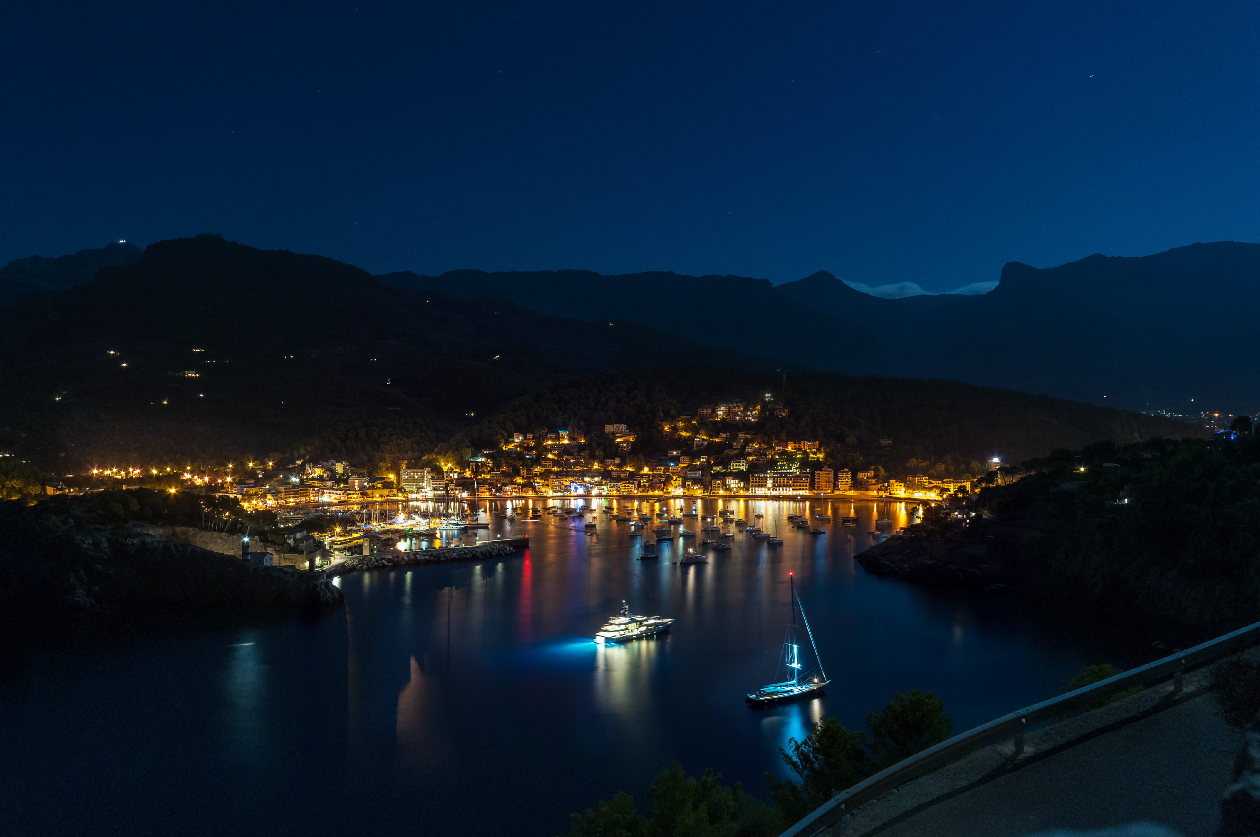 reflection, building, sky, water, travel destinations, nautical vessel, boat, night, urban, near, blue, illuminated, aerial, city, nature, nightime, cityscape, HD Wallpaper