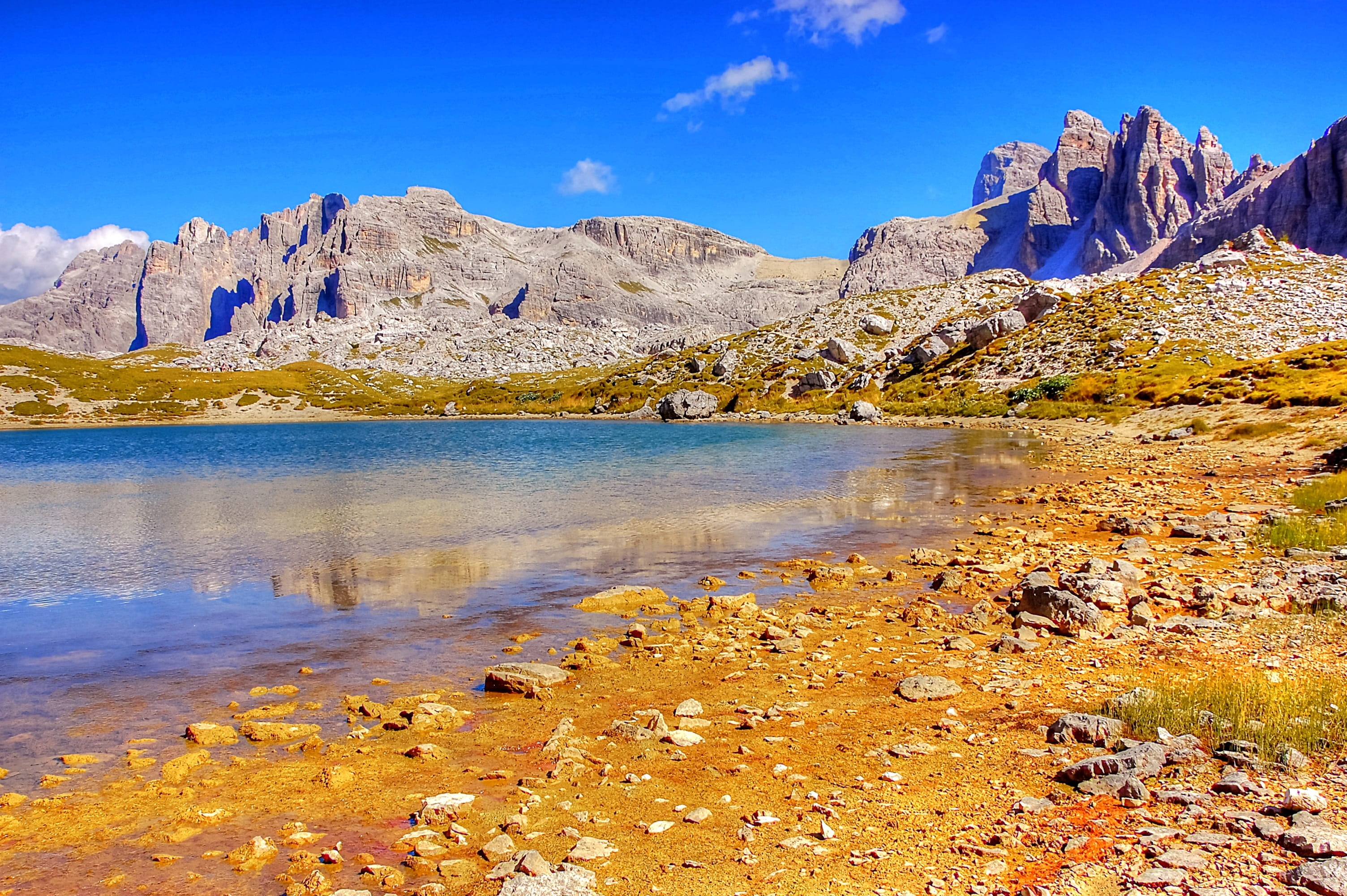 hiking, travel destinations, sky, alpine, water, unesco world heritage, dolomites, tranquil scene, italy, tranquility, non-urban scene, rock - object, land, HD Wallpaper