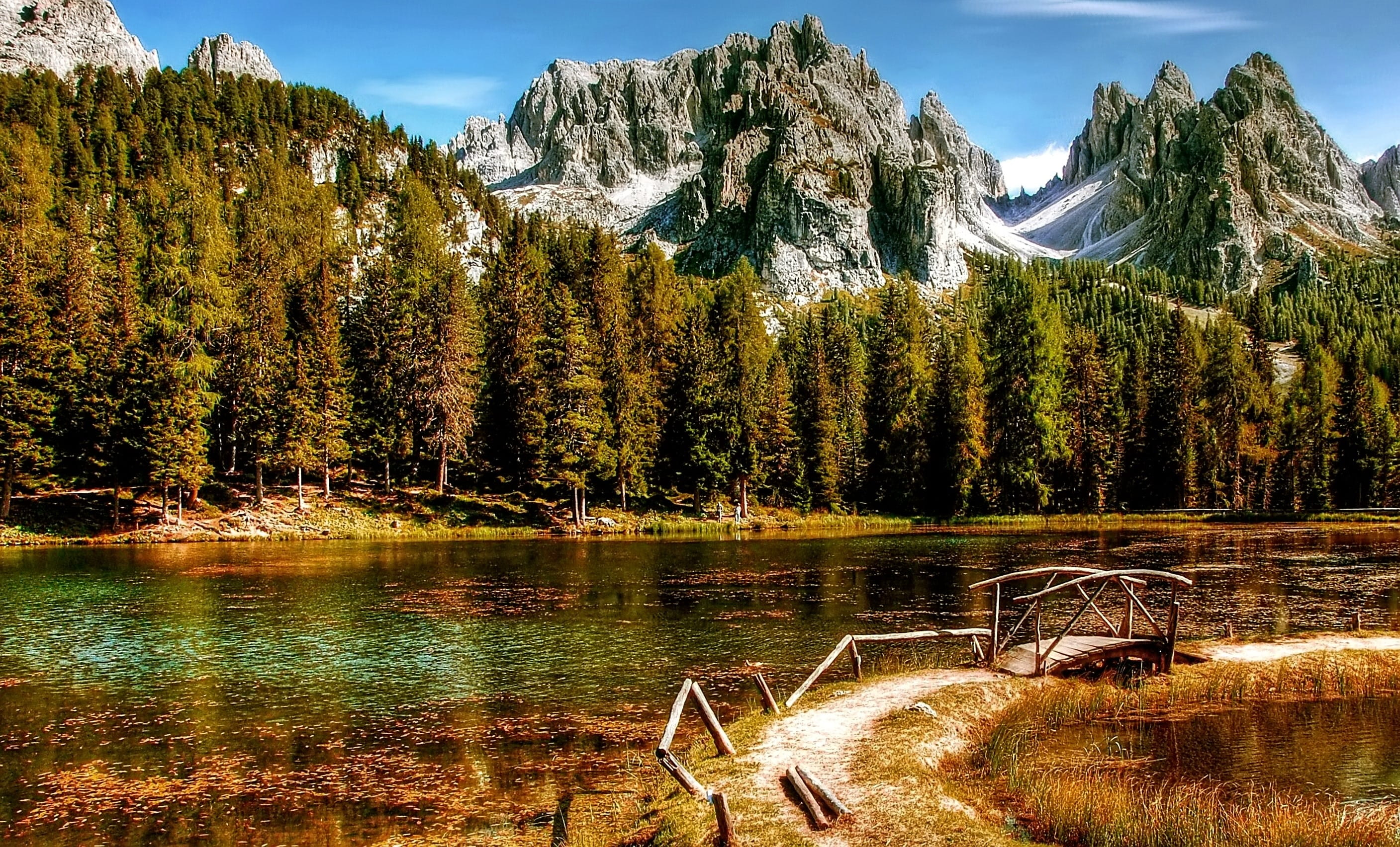 rubble field, reflection, lake, mountain hiking, non-urban scene, bank, scenics - nature, italy, tree, coniferous tree, landscape, mountain landscape, Mountains, HD Wallpaper