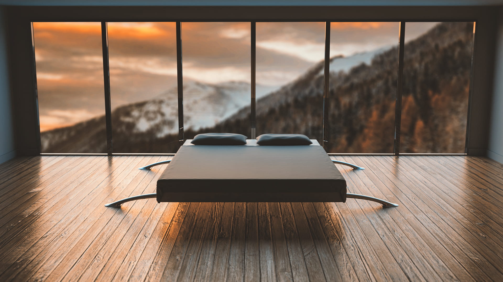 bedroom, connection, sky, interior design, floor, mountains, absence, clean, modern, architecture, no people, furniture, sunset, mountain, cloud - sky, HD Wallpaper