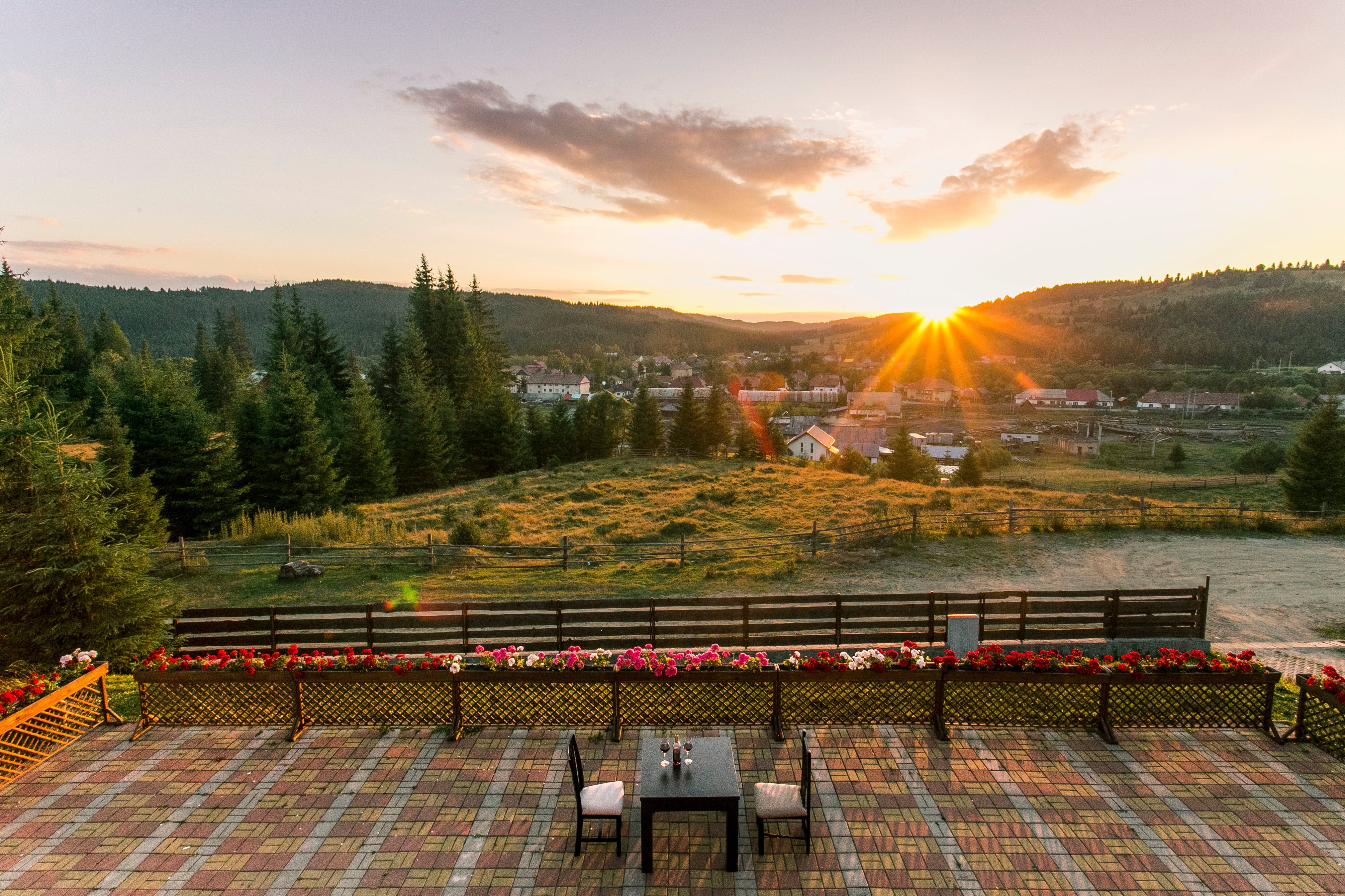 high angle view, building exterior, golden, sunrise, chairs, chair, beside, orange color, bench, flower, highland, cloud, beauty in nature, grass, two, HD Wallpaper