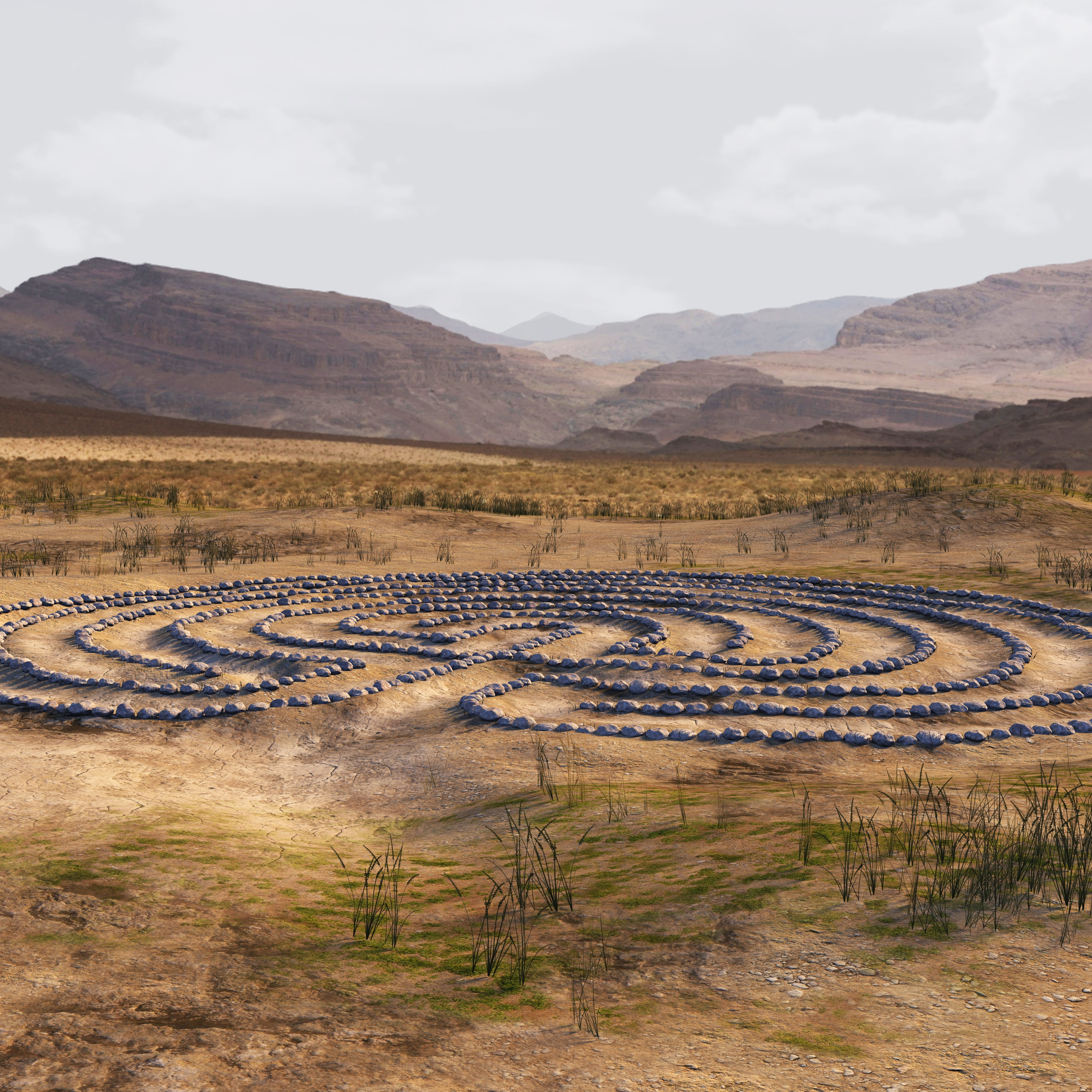 beauty in nature, arid climate, render, field, mountain, pacing, no people, nature, lines, 4K, steppe, stone labyrinth, cloud - sky, meditation, tranquil scene, Phone HD Wallpaper