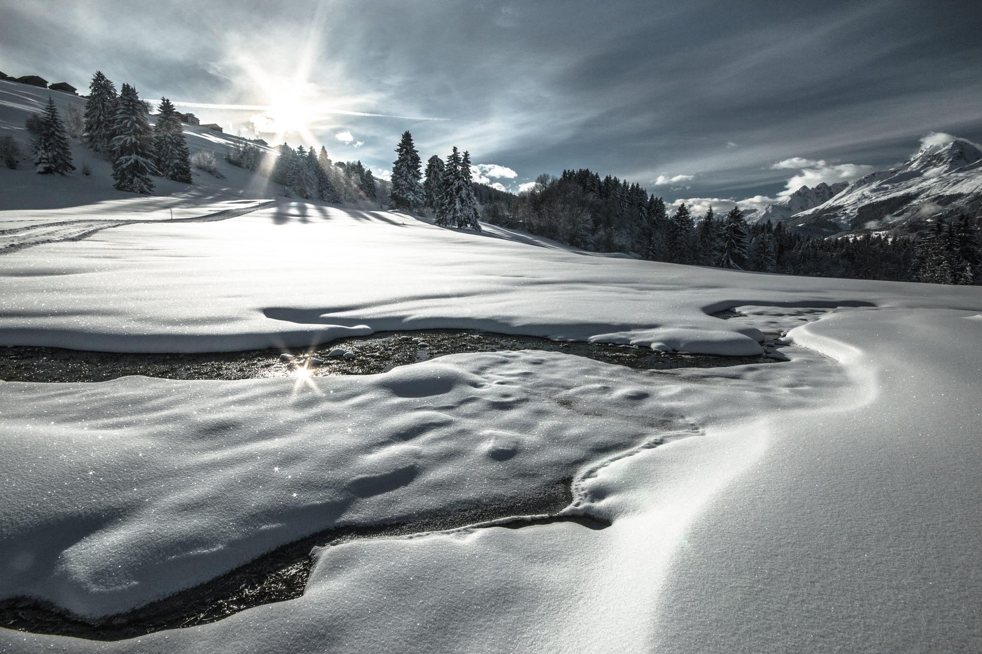 graubünden, covering, river, cloud - sky, Switzerland, tranquil scene, clouds, tranquility, snow, landscape, non-urban scene, 1080P, snowcapped mountain, HD Wallpaper