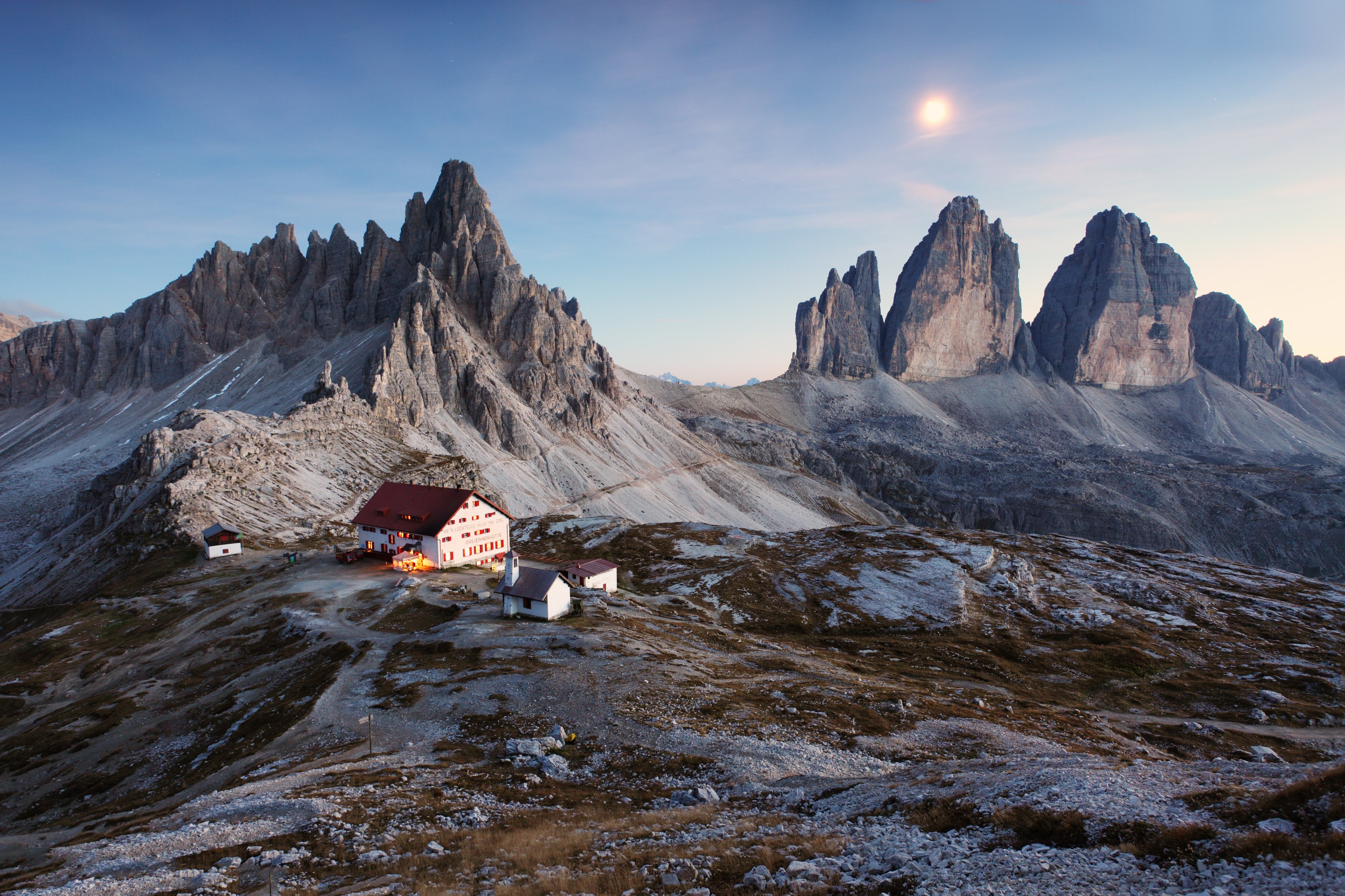 house, sky, three, 5K, nature, snowy, sunset, alps, dolomite, mountains, peaks, beautiful, italy, landscape, land, HD Wallpaper