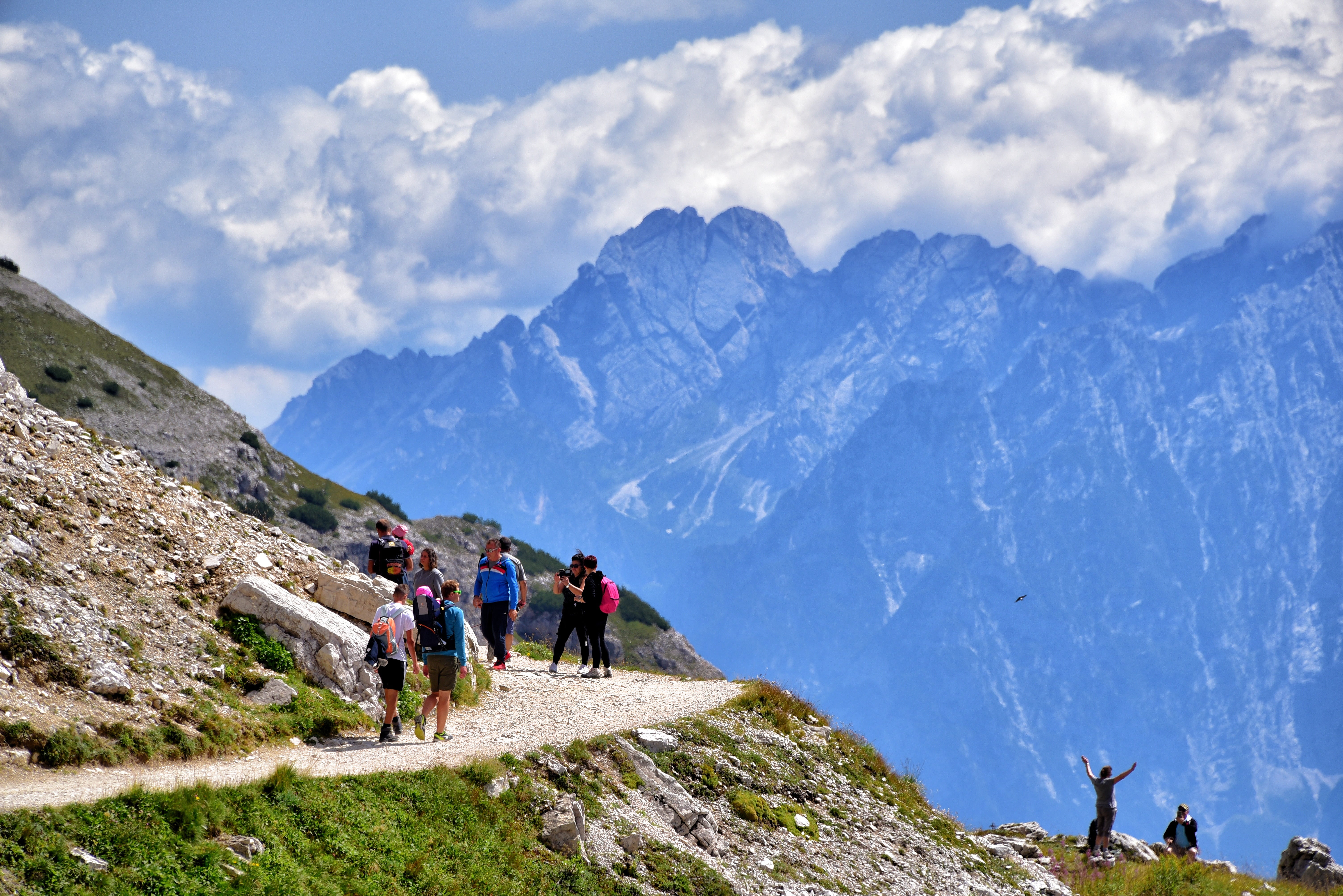 beauty in nature, group of people, south tyrol, rock, tranquility, hiking, adult, cloud, travel, lifestyles, daytime, mountain, sky, scenics - nature, clouds, HD Wallpaper