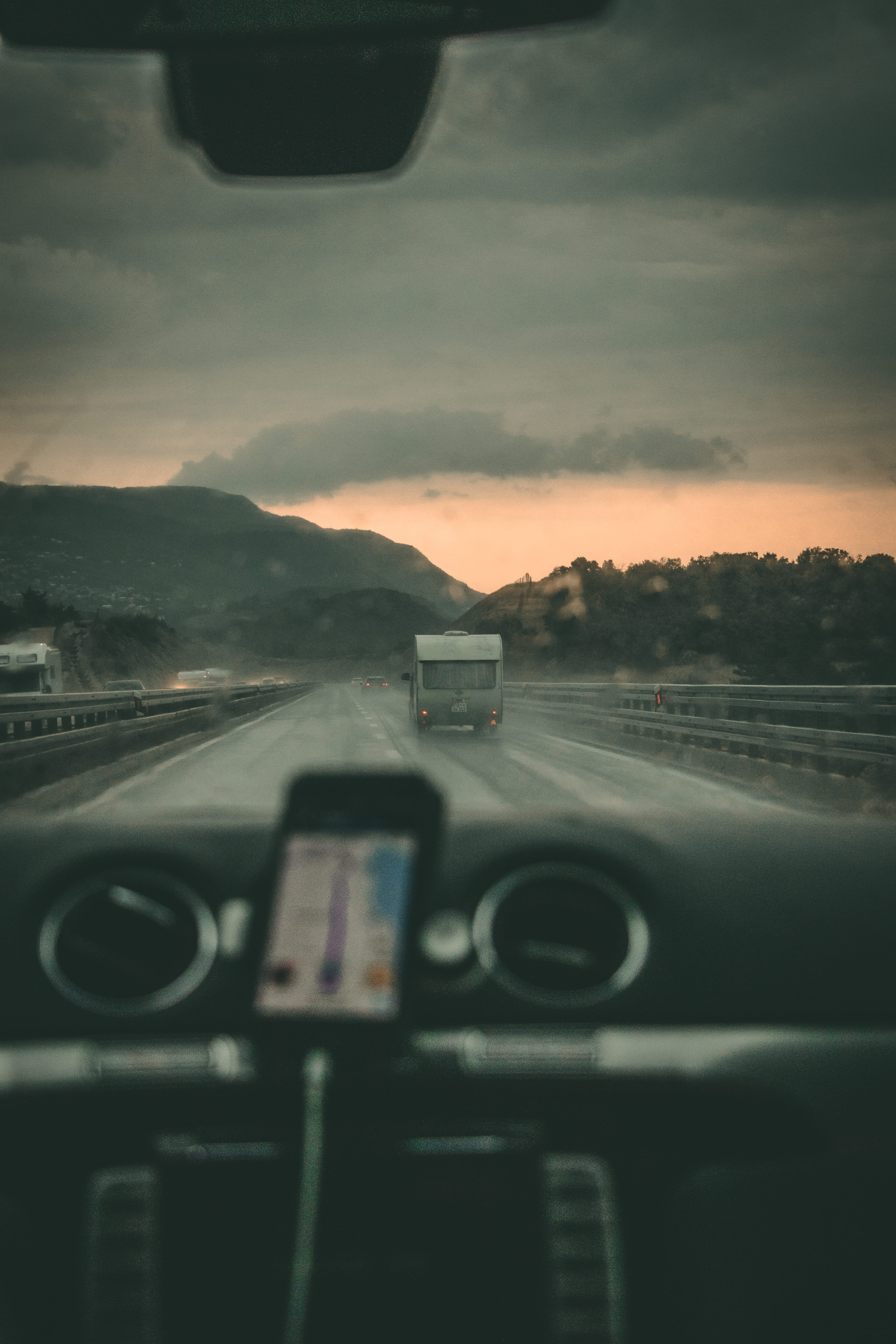 mode of transportation, sign, landscape, mountain, riding, travel, caravan, glass - material, sky, highway, car interior, road, no people, vehicle, tech, Phone HD Wallpaper