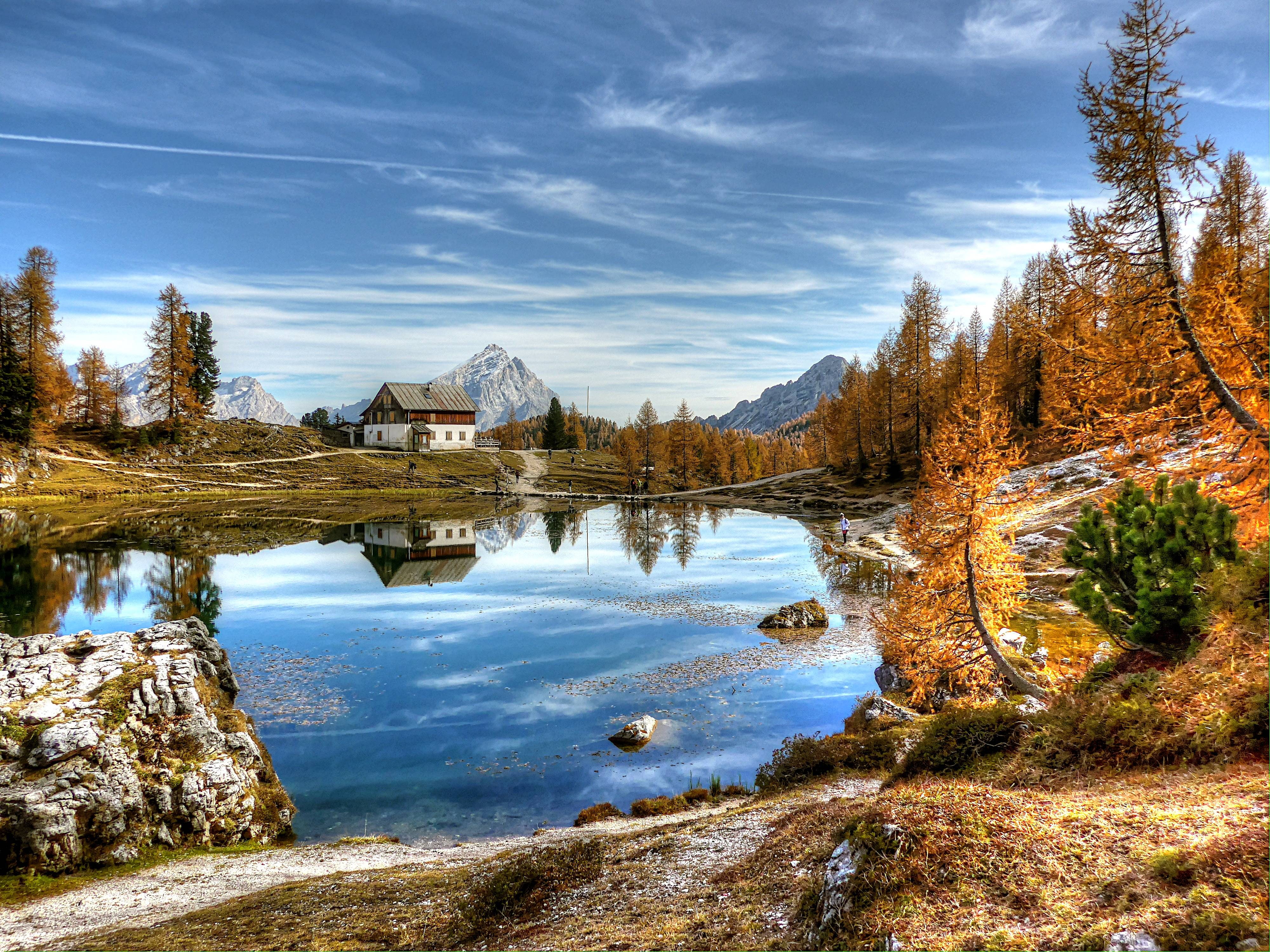 tranquility, plant, architecture, building exterior, day, view, built structure, italy, nature, reflection, dolomites, lake, tranquil scene, outdoors, mountains, HD Wallpaper