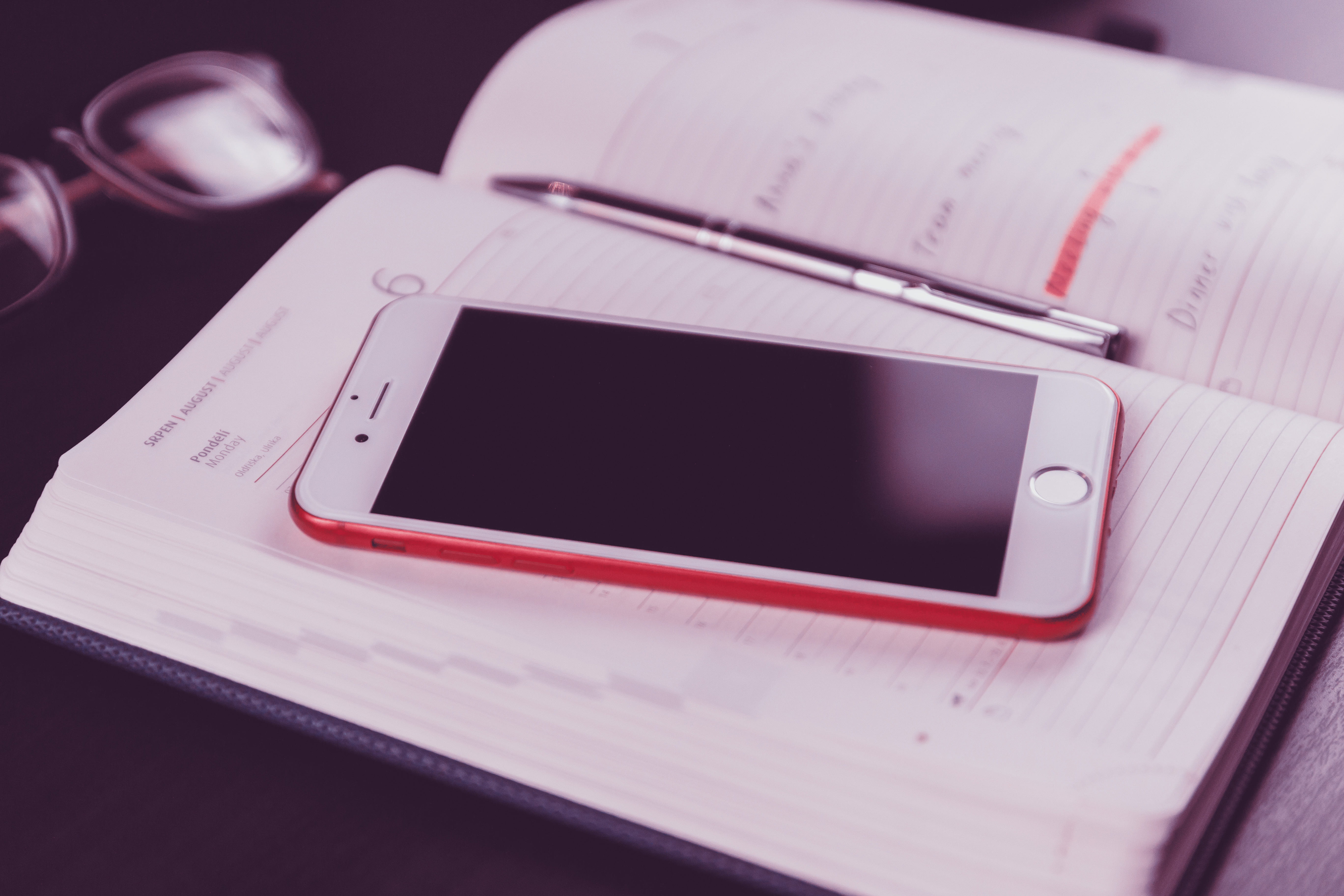 high angle view, close-up, eyewear, black, table, desk, white, pen, connection, page, book, notes, wireless technology, still life, indoors, iphone, mobile, HD Wallpaper
