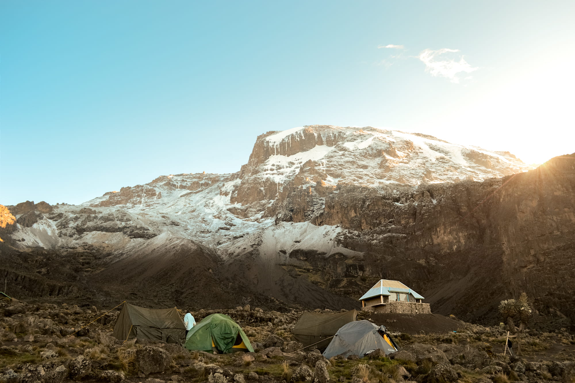 mount, near, nature, environment, scenics - nature, pitched, people, snow, glacier, mount kilimanjaro, house, mountain range, travel, cloud, lens flare, HD Wallpaper