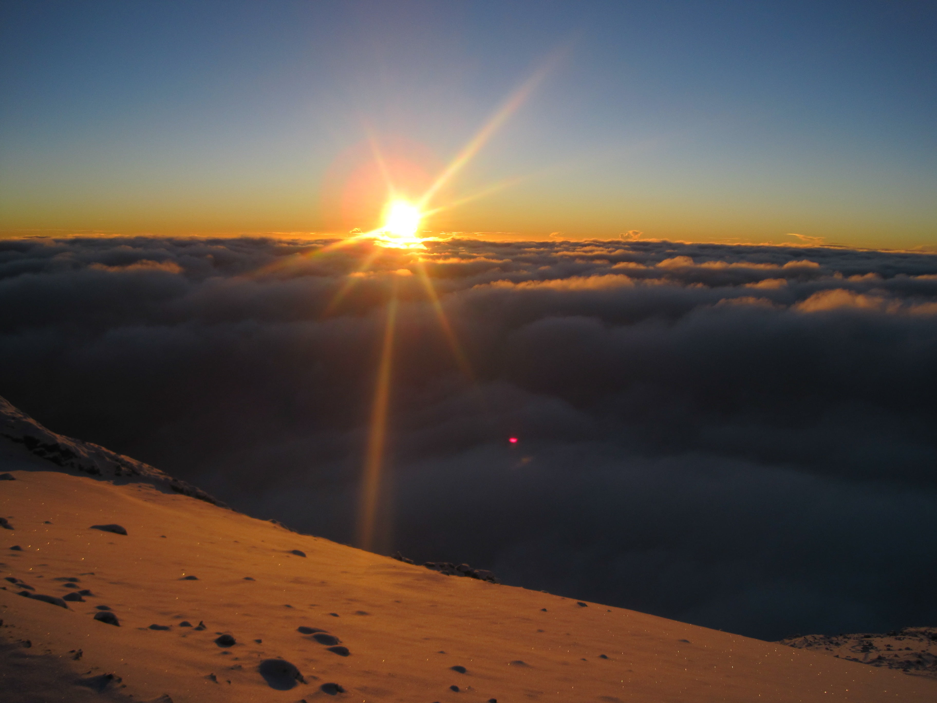 kilimanjaro, clouds, sky, africa, idyllic, sunlight, sunset, tranquility, no people, 2K, sun, nature, outdoors, cloud - sky, atmospheric, over the clouds, HD Wallpaper