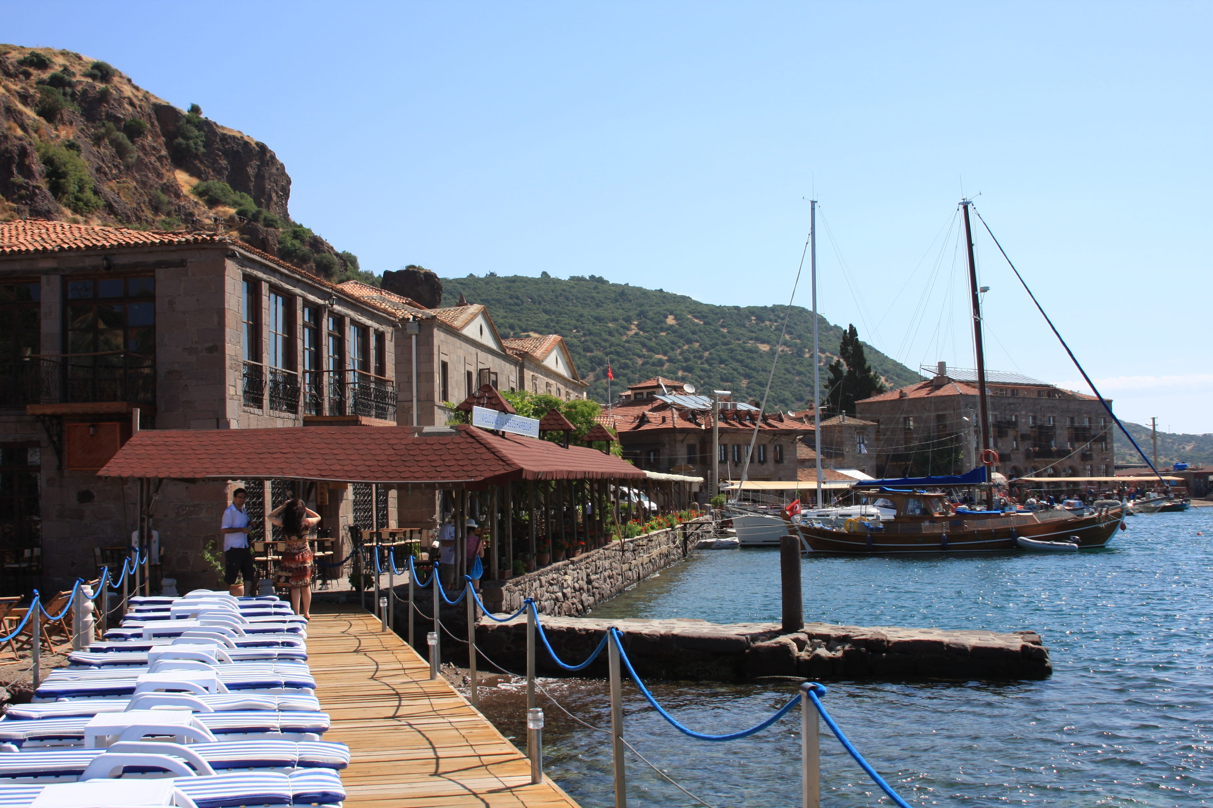 travel, no people, water, nature, stone houses, architecture, sky, see, clear sky, built structure, building exterior, outdoors, day, harbor, 4K, assos, HD Wallpaper