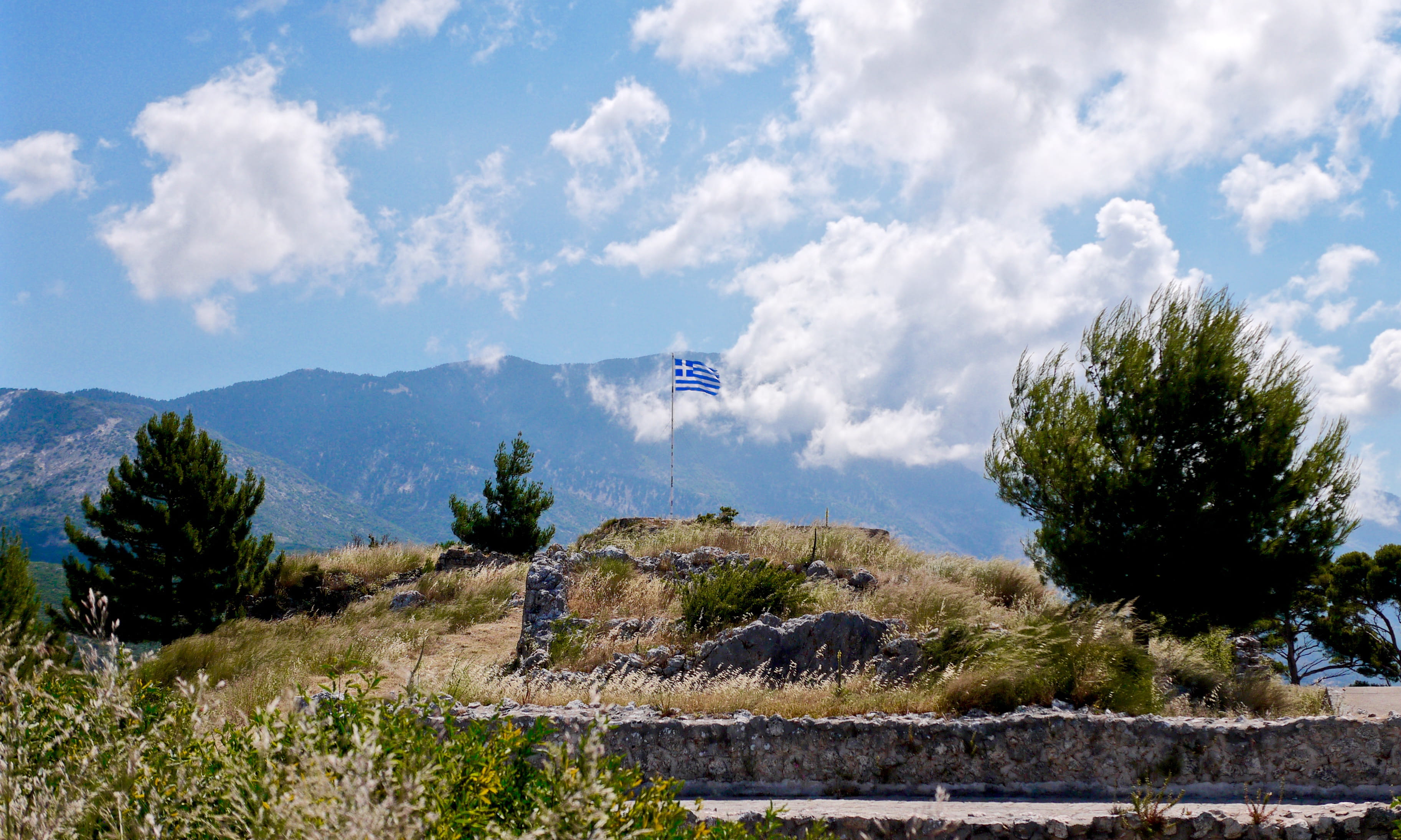 sky, trees, clouds, tree, plant, landscape, water, greece, kefalonia, peratata, tranquil scene, land, mountains, cloud - sky, ruins, environment, castle, HD Wallpaper