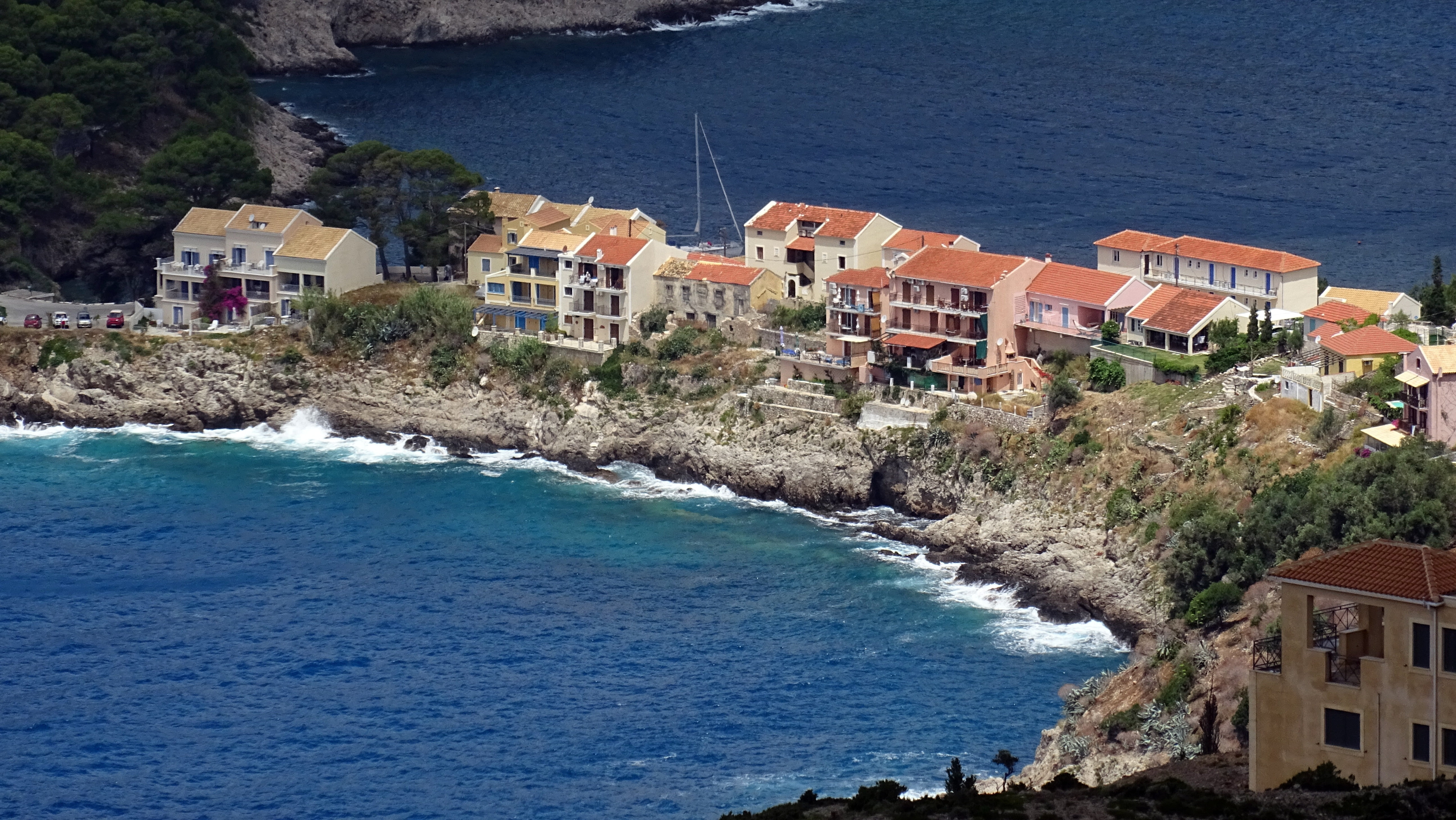 sea, high angle view, no people, village, tree, residential district, blue, building exterior, landscape, outdoors, house, assos, city, architecture, coastline, HD Wallpaper
