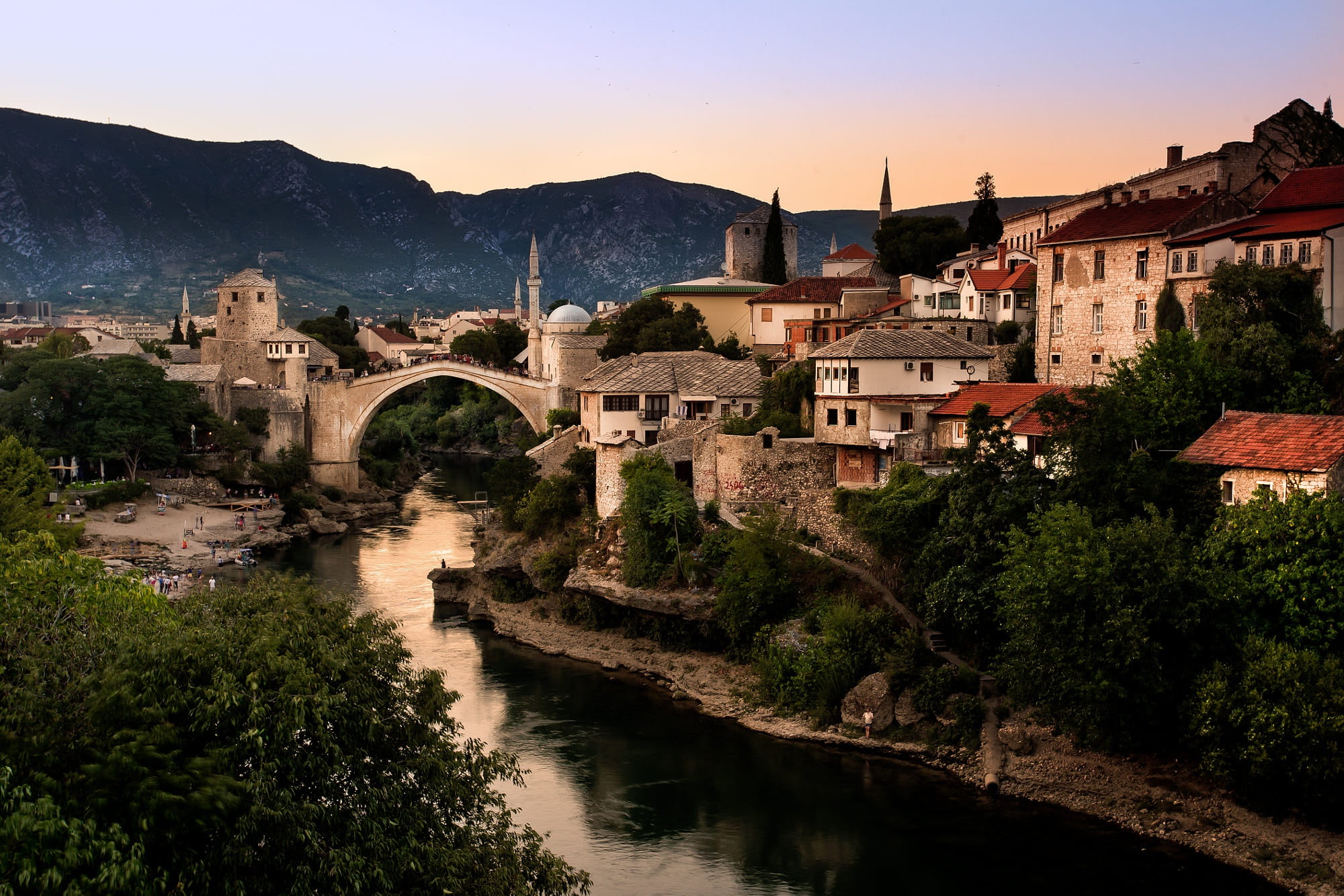 bridge, home, river, mosque, landscape, the city, Neretva, Mostar, 1080P, mountains, Bosnia and Herzegovina, HD Wallpaper