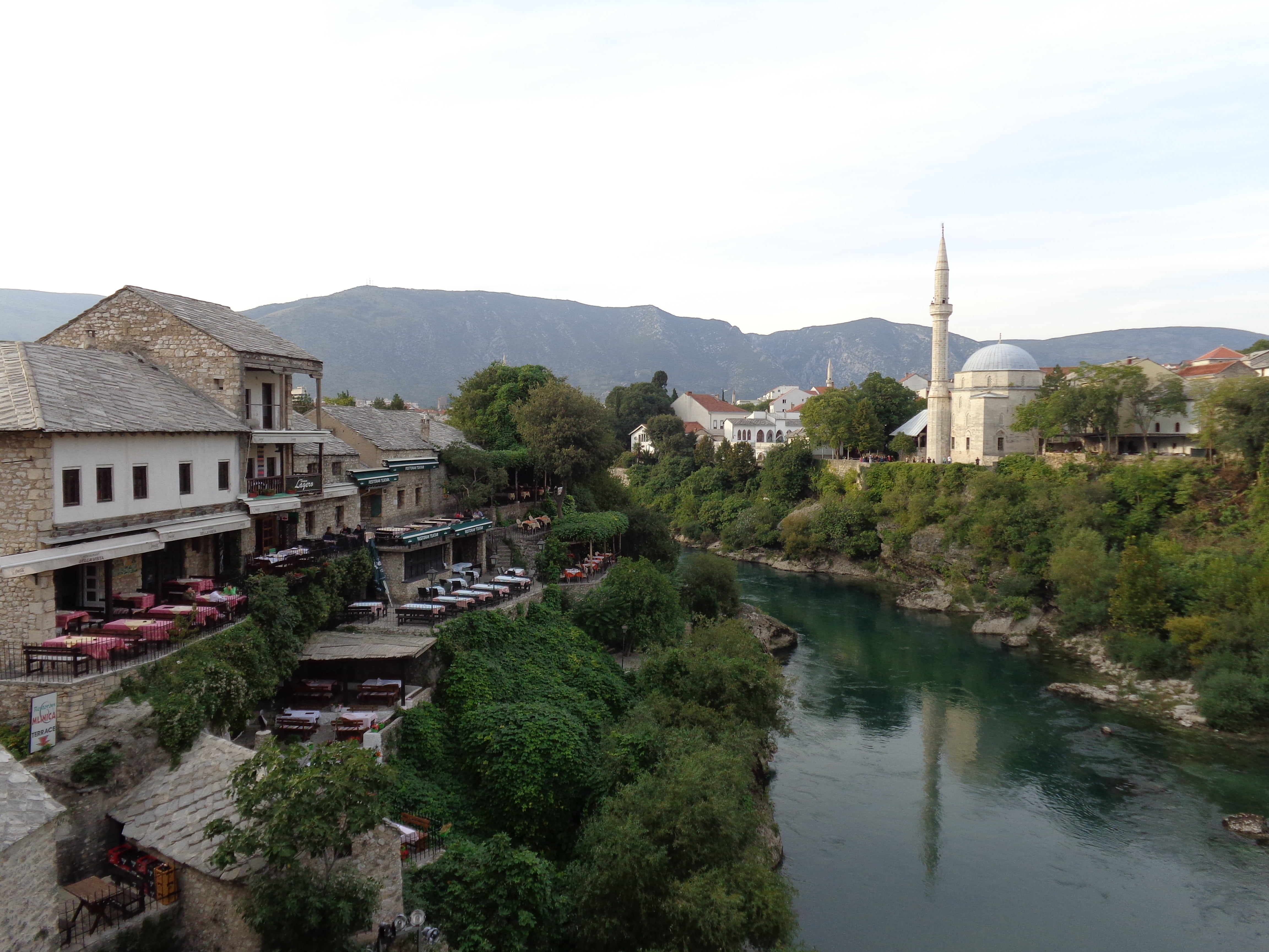 the city centre, plant, mostar, buildings, outdoors, monument, belief, bosnia, the old town, water, islam, reflection, mosque, place of worship, mountain, HD Wallpaper