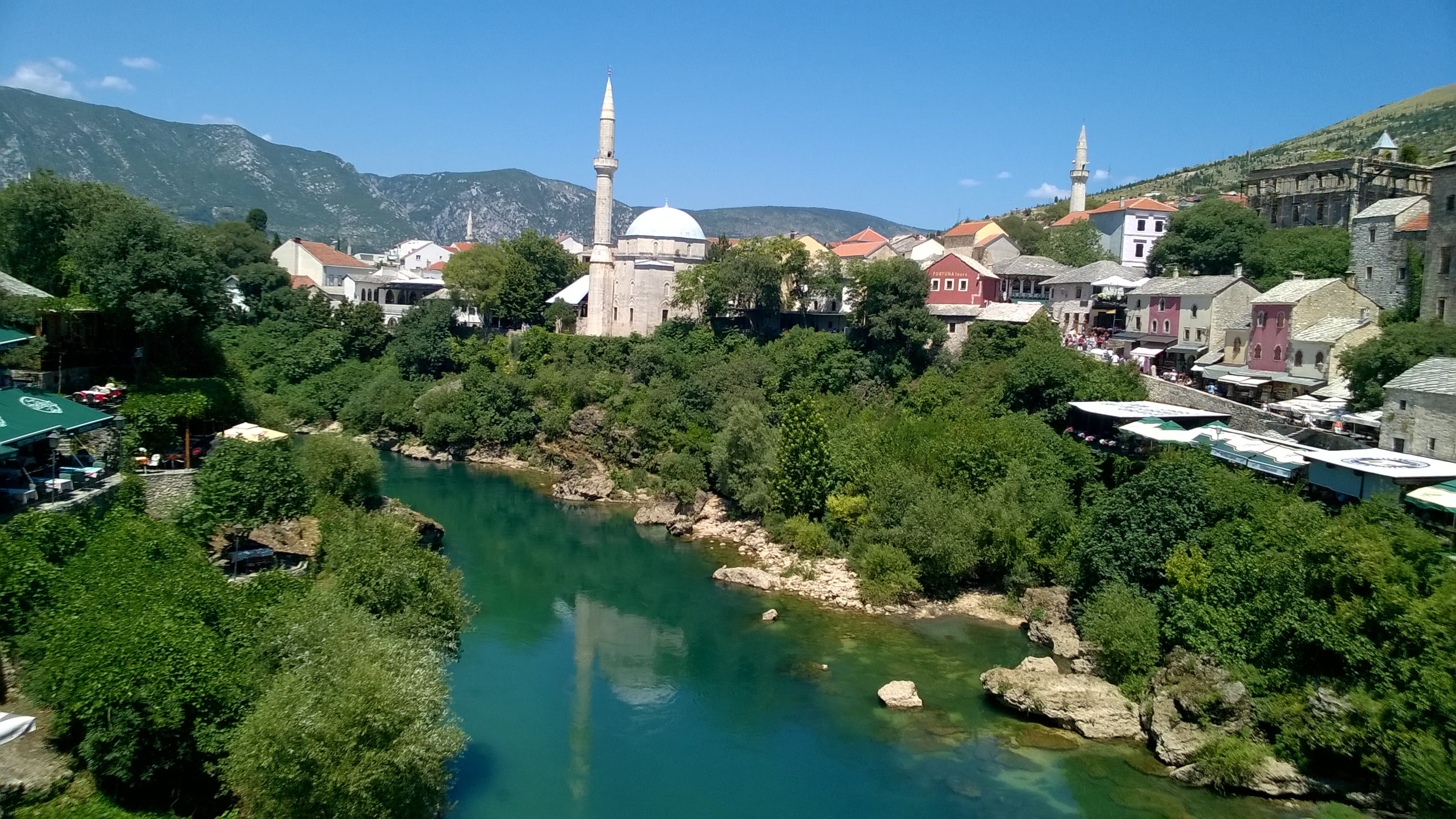 mountain, europe, mosque, town, neretva, spirituality, architecture, nature, river, most, belief, herzegovina, built structure, bridge, building exterior, HD Wallpaper