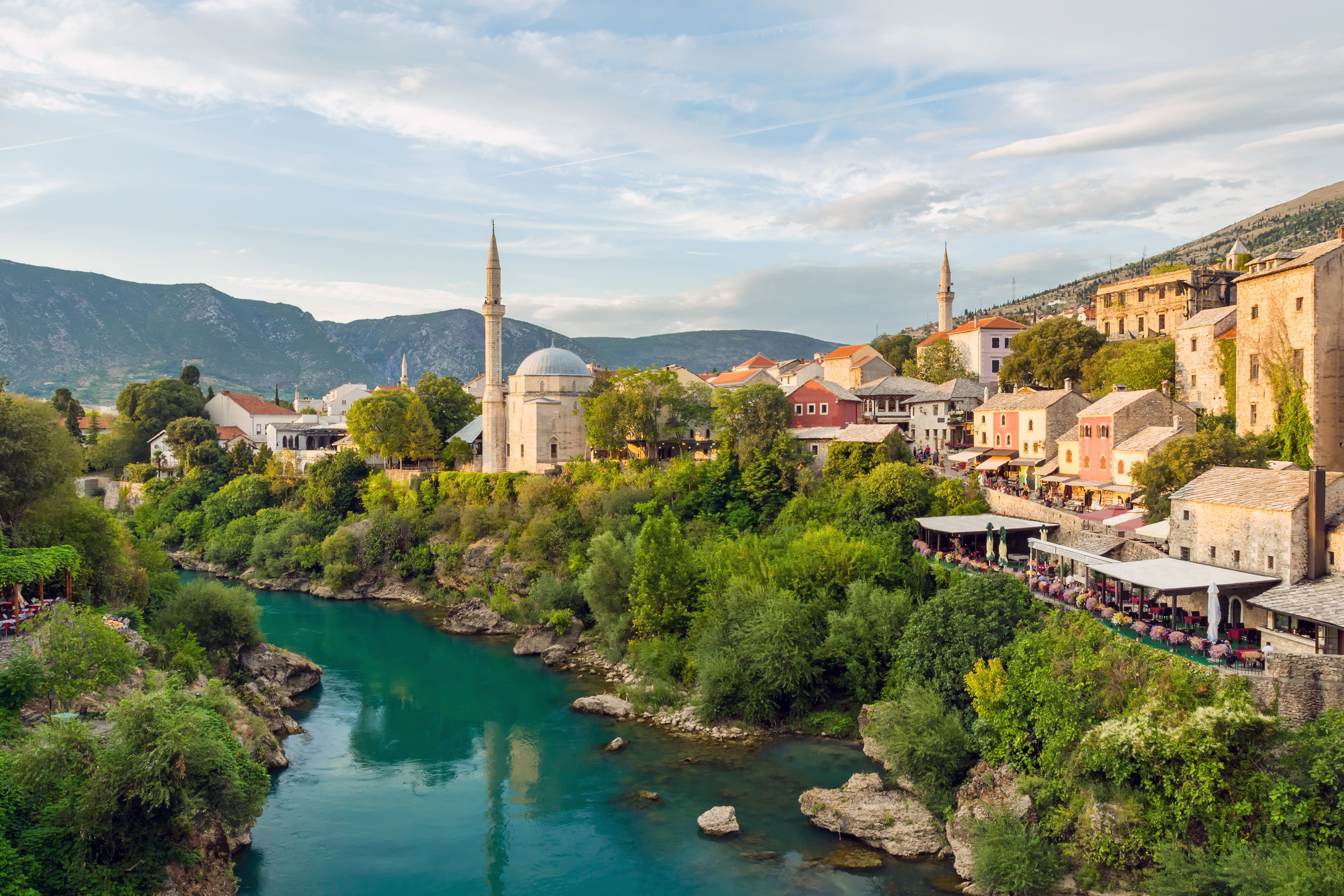 river, Bosnia and Herzegovina, mosque, nature, the sky, pagai, Mostar, mountains, 4K, HD Wallpaper