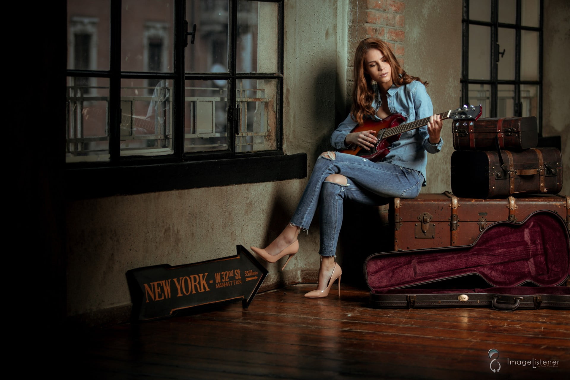 music, leisure activity, window, Aneta Kalousková, young adult, redhead, high heels, young women, indoors, flooring, 1080P, one person, acoustic guitar, HD Wallpaper