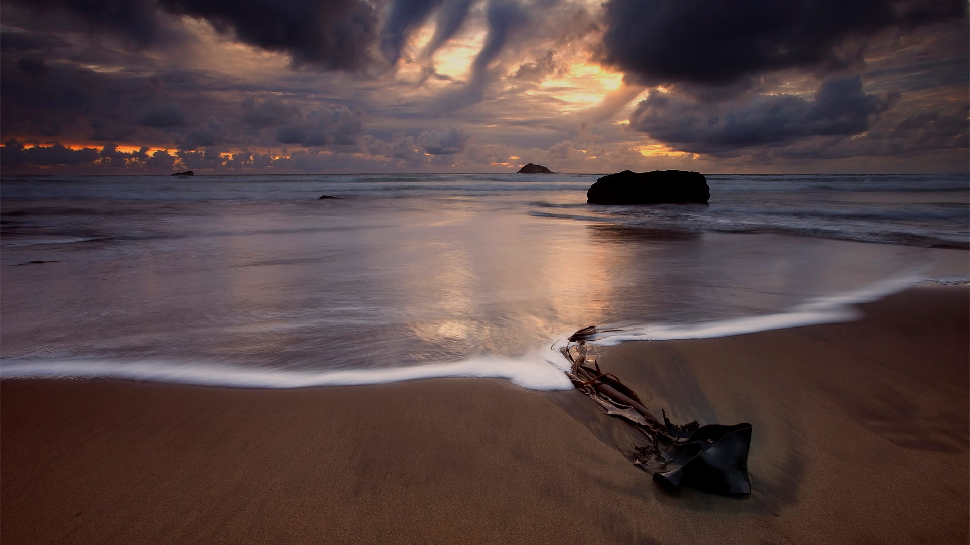 sand, cloud - sky, beauty in nature, beach, tranquility, horizon, water, 1080P, wave, sky, horizon over water, no people, rock, scenics - nature, sunset, HD Wallpaper