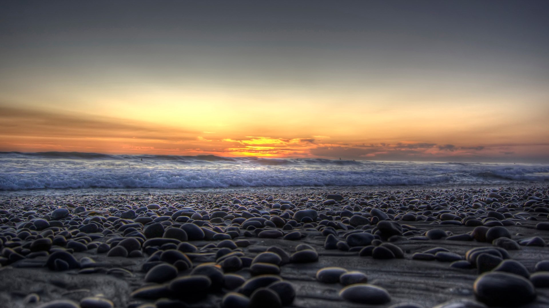 land, pebble, water, 1080P, horizon, scenics - nature, non-urban scene, outdoors, beach, winter, orange color, sky, horizon over water, idyllic, nature hd  for pc download 1920x1080, HD Wallpaper