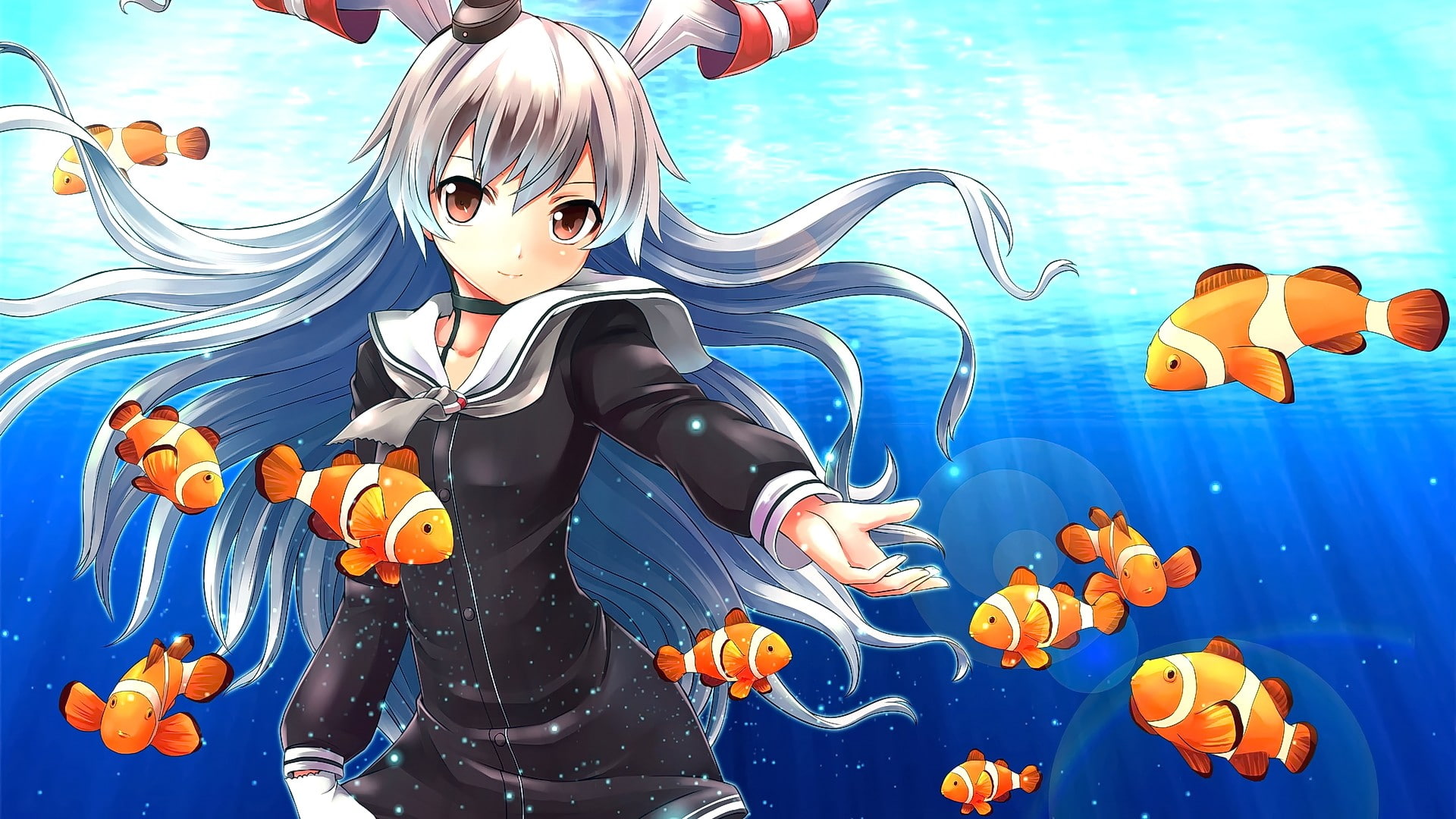 Amatsukaze (Kancolle), fish, anime, anime girls, clownfish, Kantai Collection, underwater, 1080P, HD Wallpaper