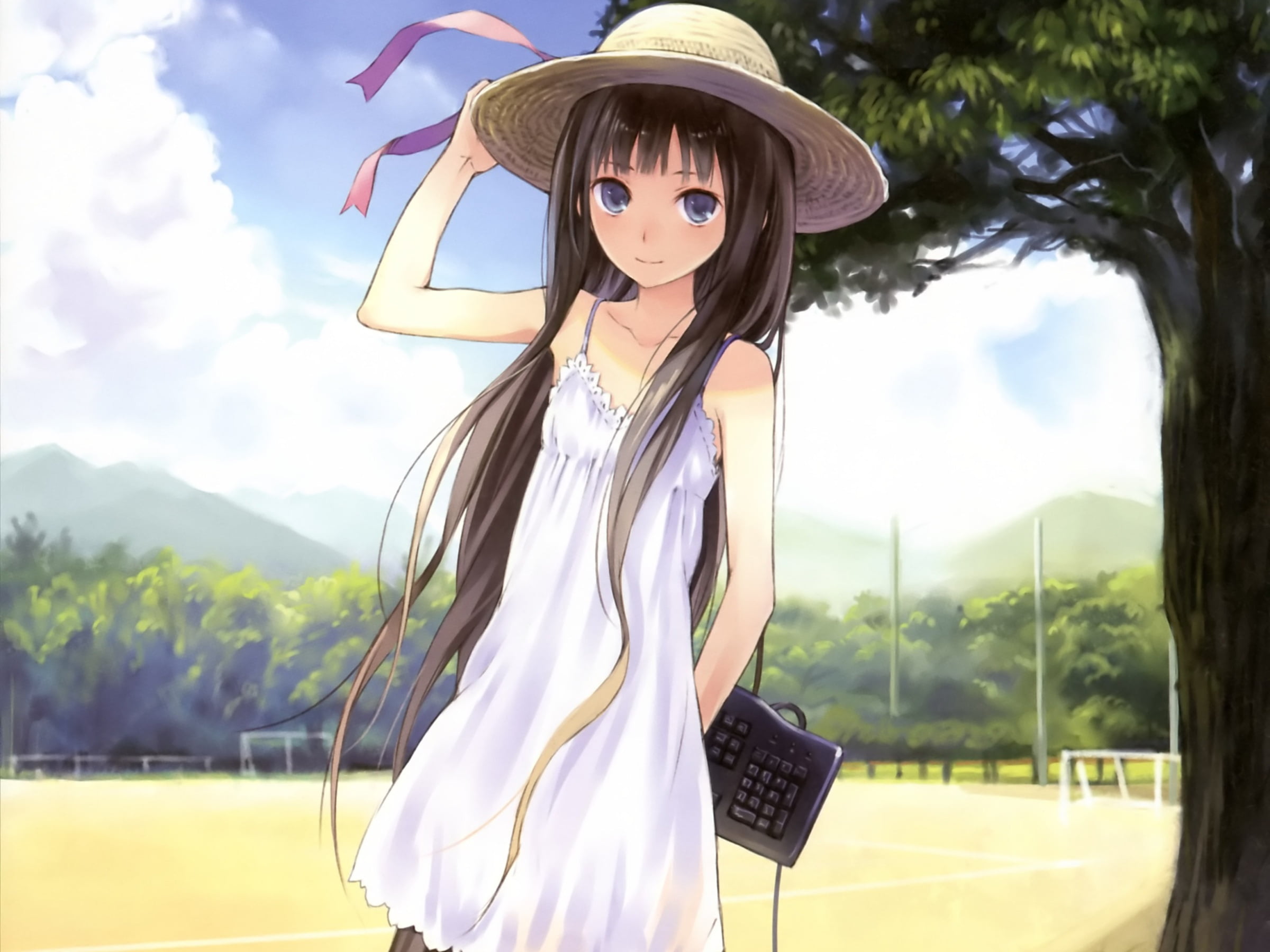 outdoors, long hair, female, tree, beautiful woman, 1080P, white dress, young adult, Notes God, leisure activity, women, real people, kamisama no memo-chou, HD Wallpaper