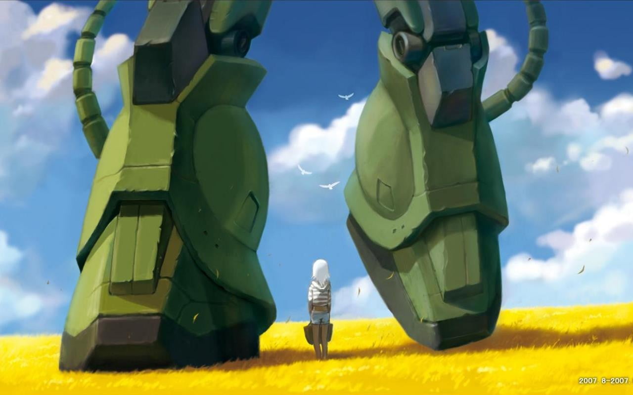 air vehicle, 720P, military, flying, no people, day, equipment, Mobile Suit Gundam, yellow, landscape, technology, nature, outdoors, army, field, cloud - sky, HD Wallpaper