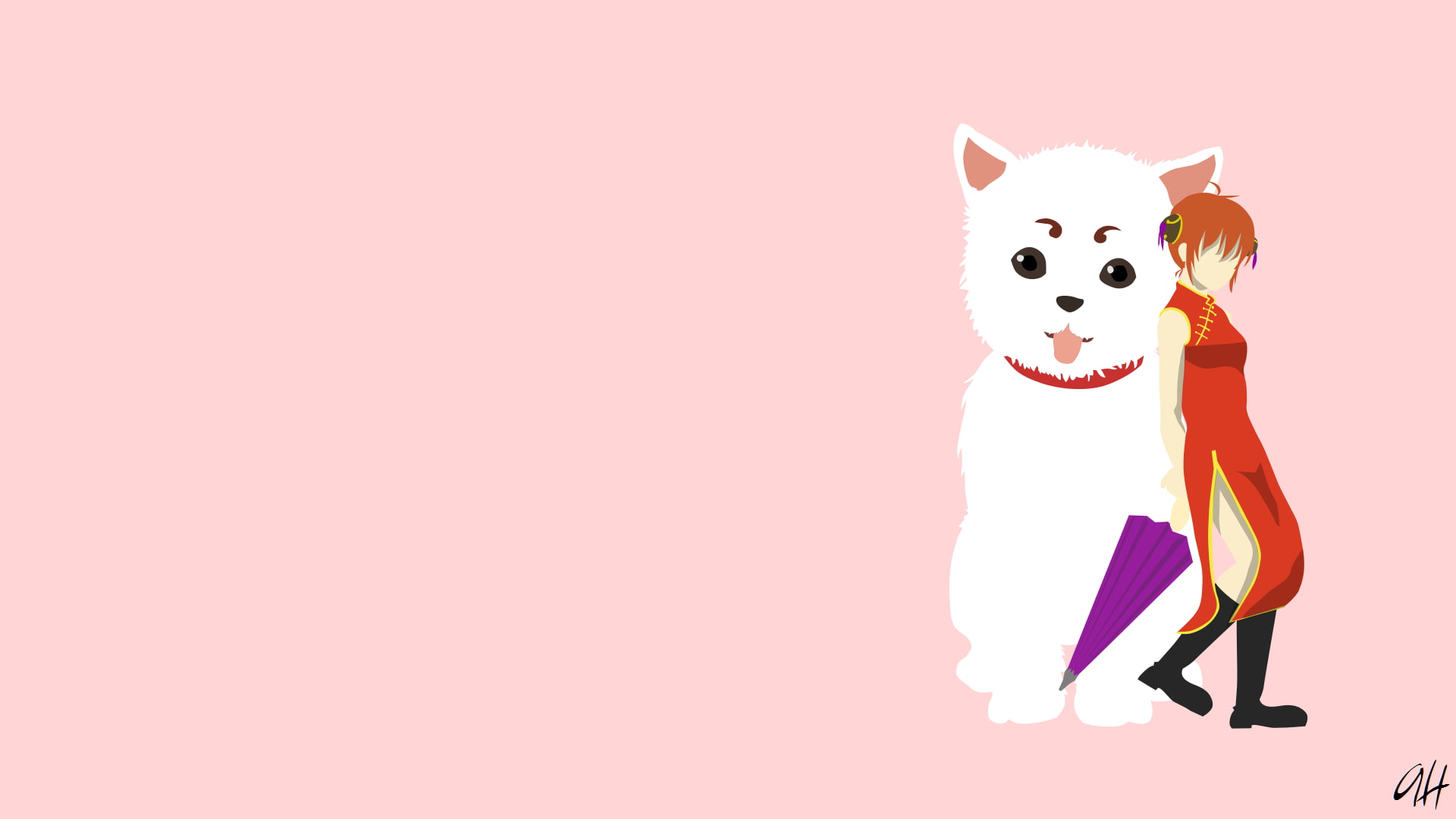copy space, anime girls, domestic animals, full length, portrait, people, one animal, domestic, Gintama, small, pets, young animal, studio shot, colored background, HD Wallpaper