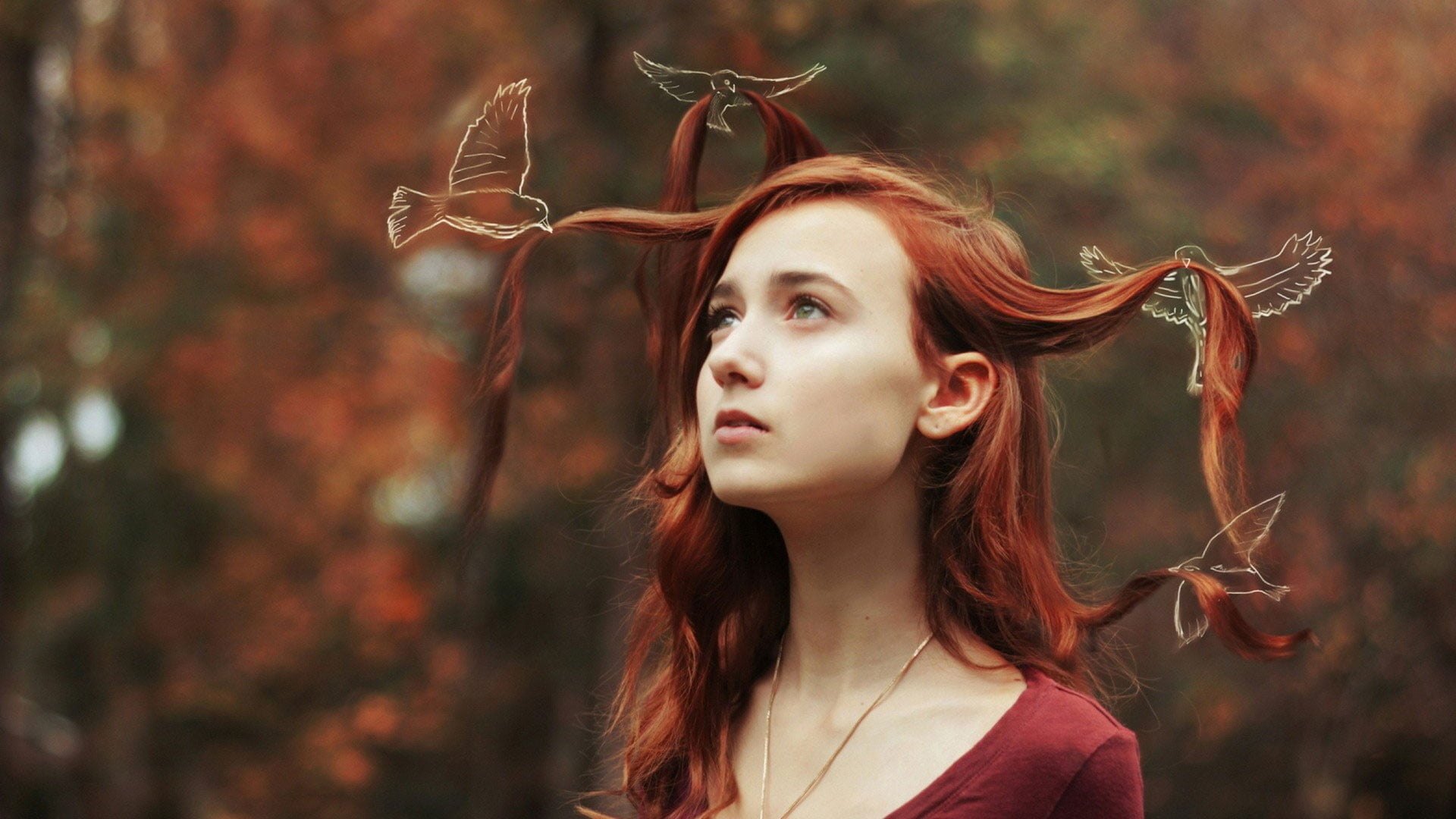 women outdoors, contemplation, looking, headshot, beautiful woman, adult, wind, long hair, fashion, model, fantasy, face, tree, beauty, hair, hairstyle, HD Wallpaper
