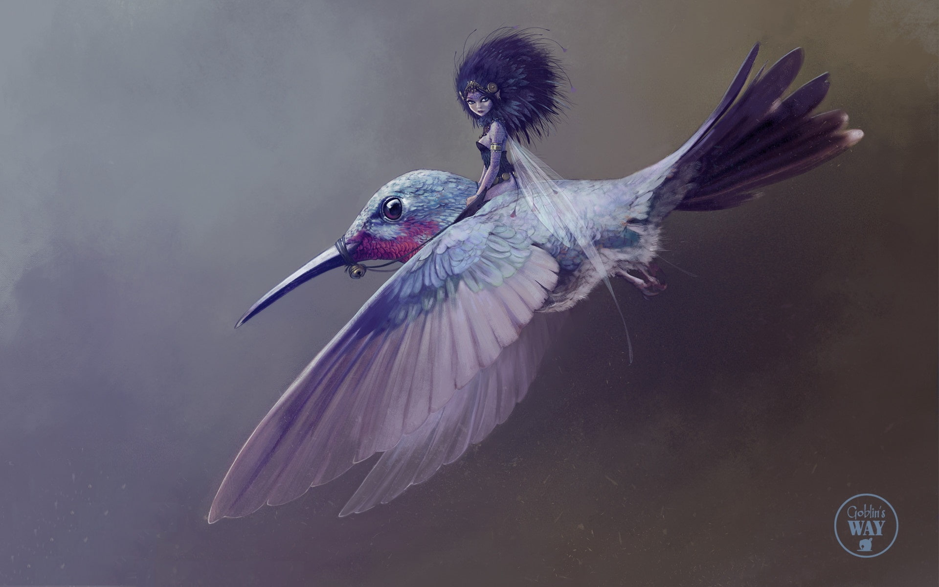 Jean-Baptiste Monge, fairy, Sylph in the Wind, girl, rider, 1080P, fantasy, art, Hummingbird, HD Wallpaper
