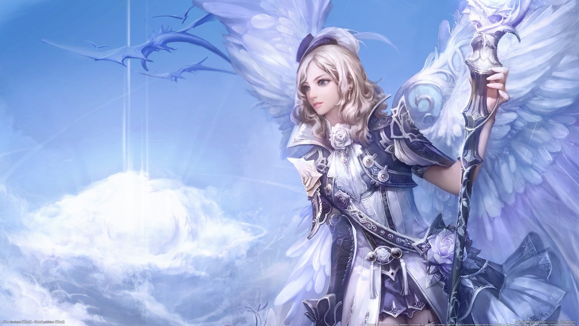angel, flying, animal wing, environment, Video Game, women, hairstyle, blond hair, cloud - sky, hair, blue, nature, one person, wind, beautiful woman, AION, HD Wallpaper