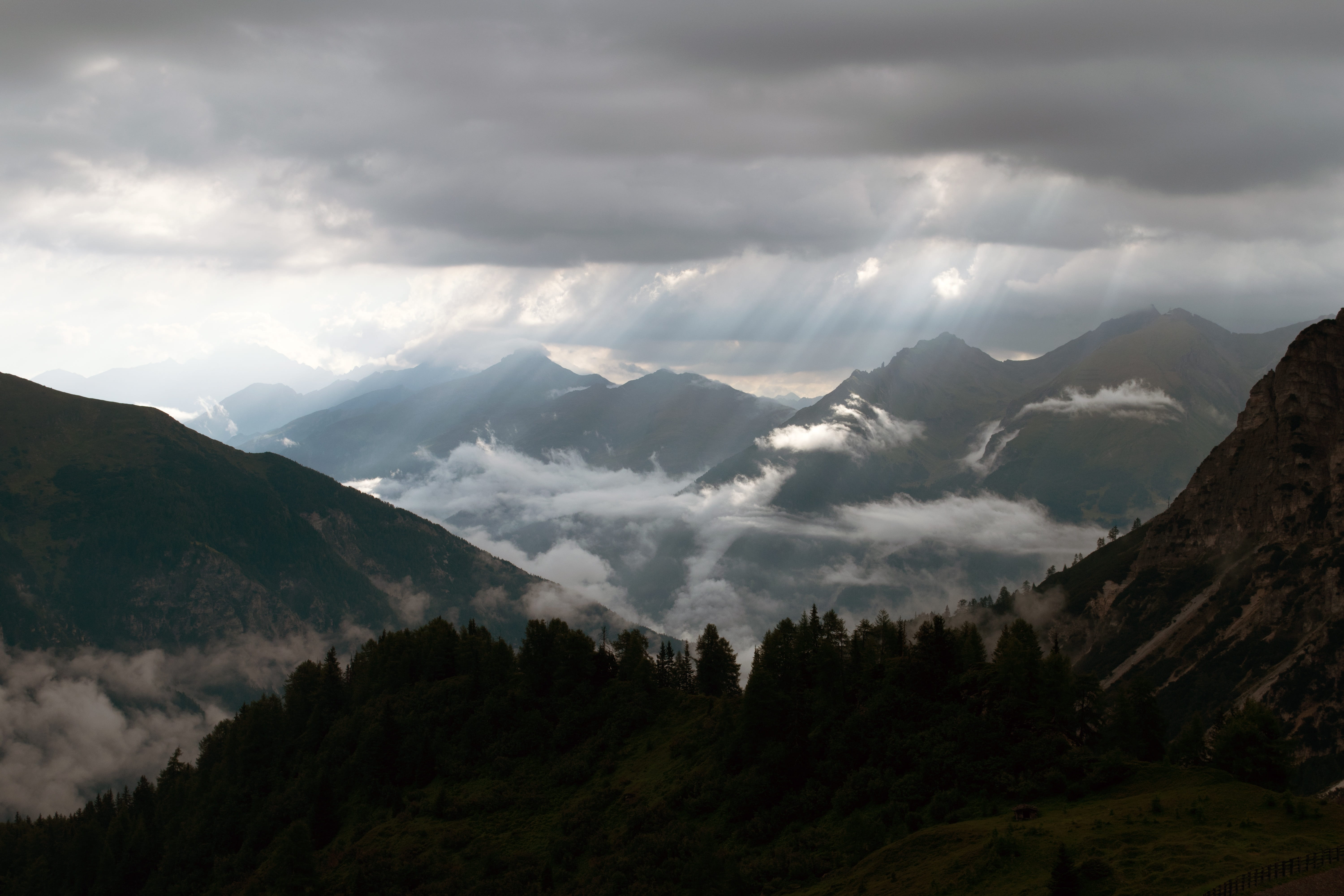 view, tranquility, cloud - sky, high, mountain peak, coniferous tree, pine, snowcapped mountain, sky, photo, tree, clouds, silent, environment, scenics - nature, HD Wallpaper