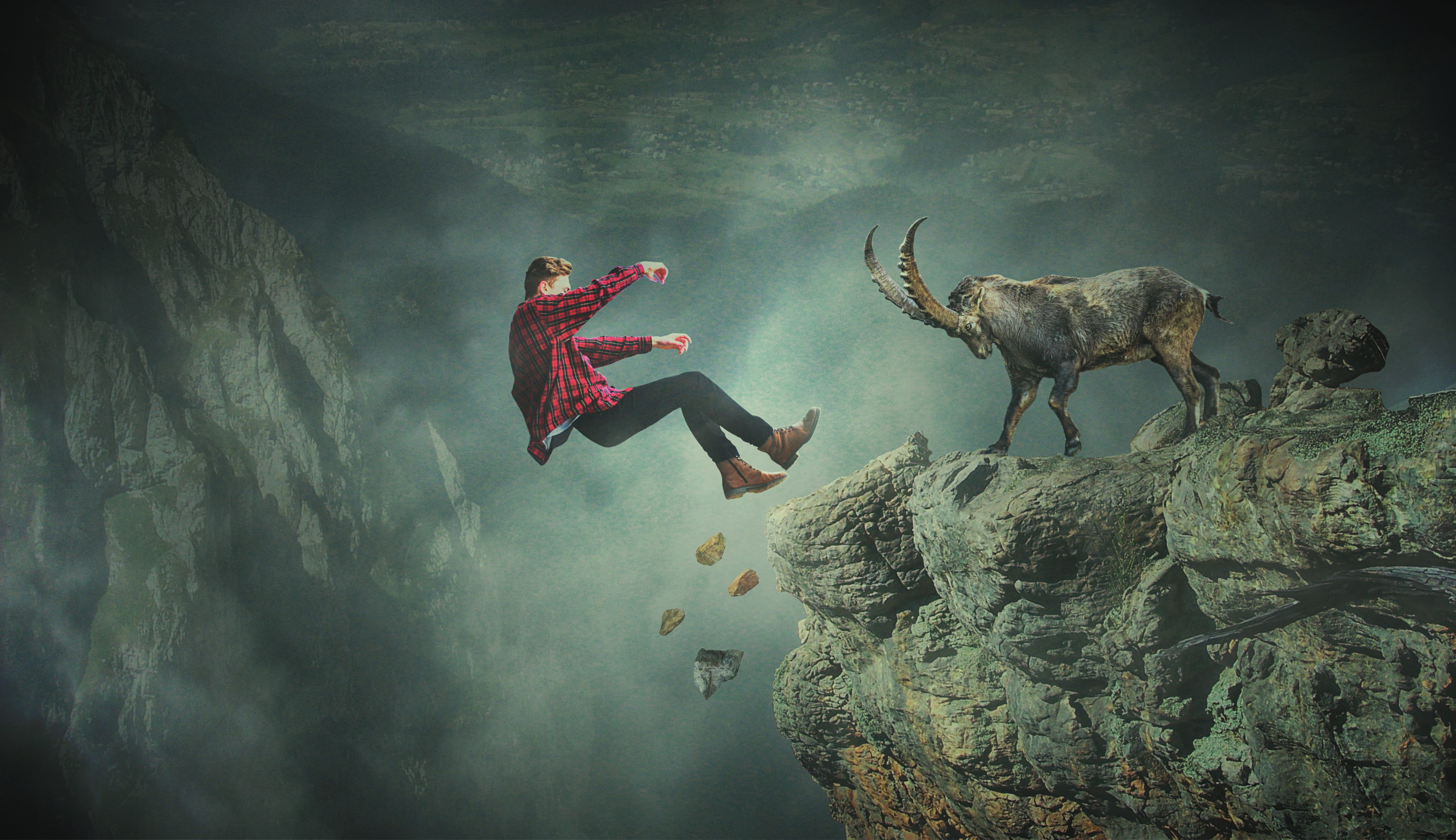 mountains, one animal, capricorn, jumping, adult, animal wildlife, landscape, rock - object, solid, 5K, fog, mammal, full length, nature, vertebrate, people, HD Wallpaper