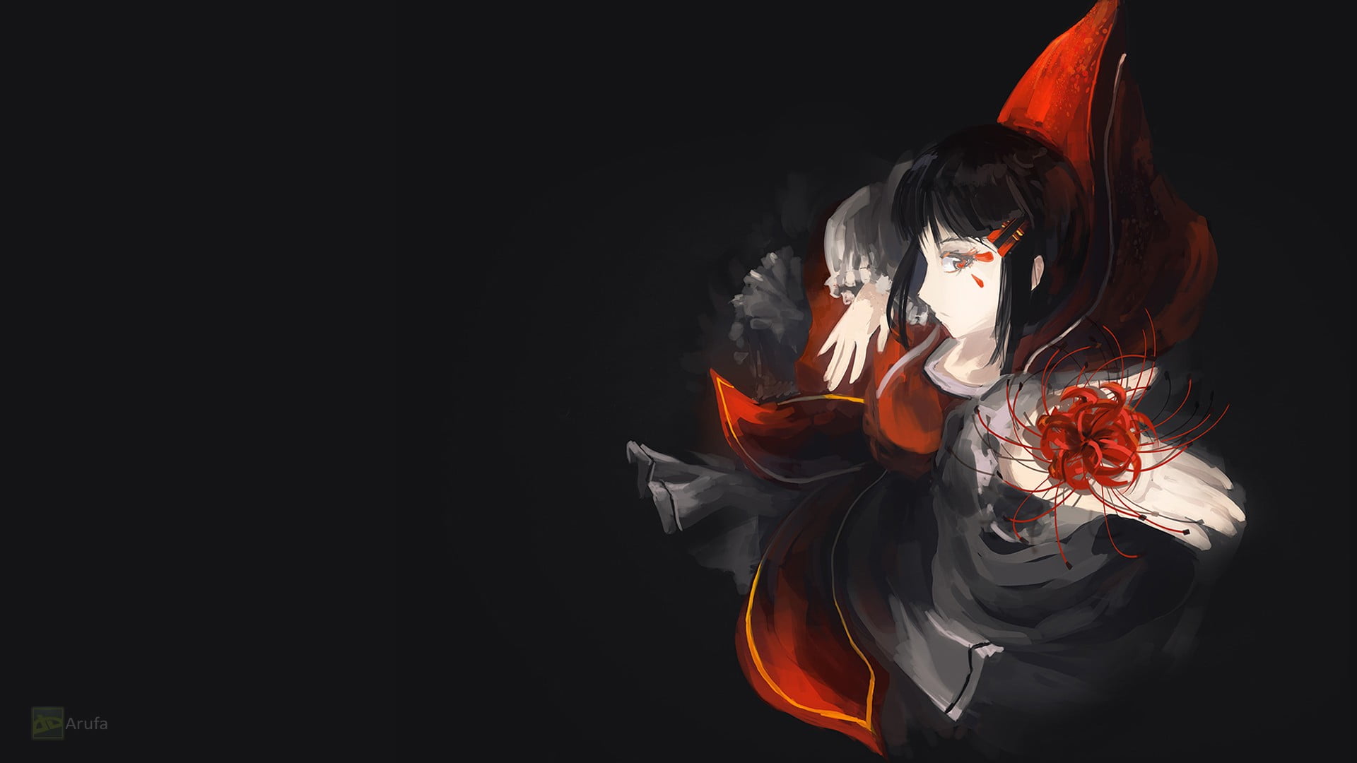 shirt, human representation, representation, 1080P, black, red ribbon, neck, close-up, black color, black background, original characters, red, black dress, HD Wallpaper
