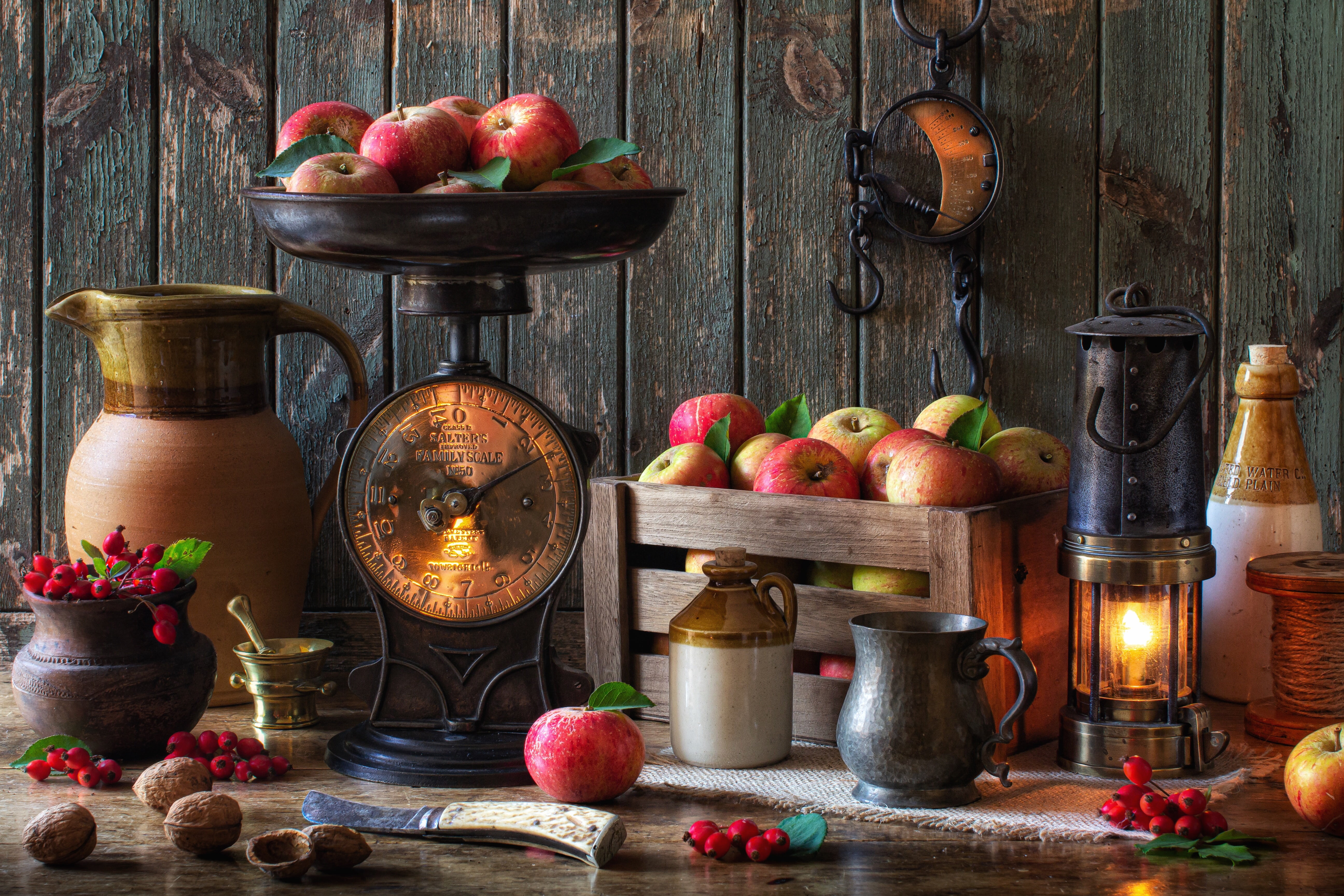 apples, 5K, style, pitcher, mug, still life, hawthorn, lamp, berries, Libra, box, HD Wallpaper