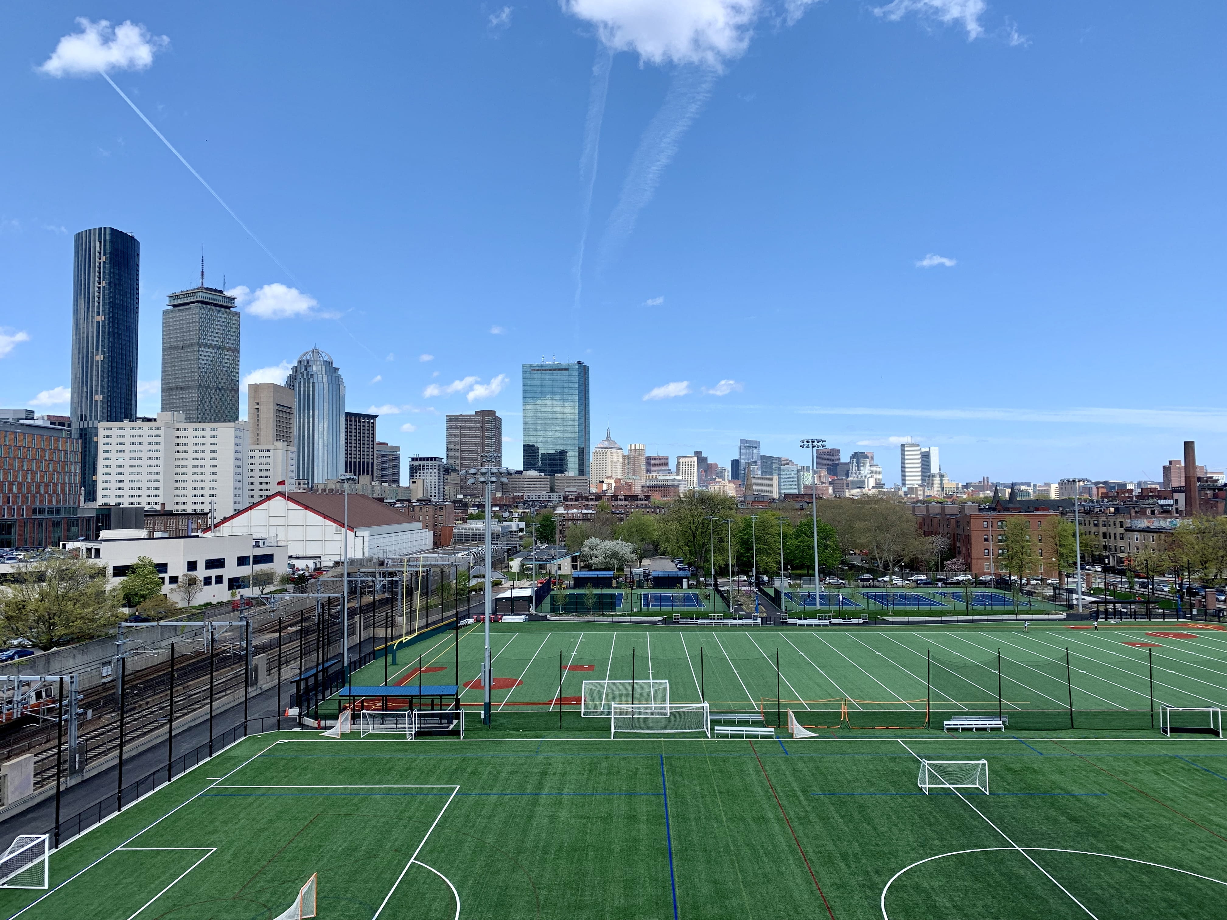 no people, sky, field, word, blue sky, bench, skyline, boston, tall - high, playing field, built structure, city, soccer field, prudential center, sports, HD Wallpaper