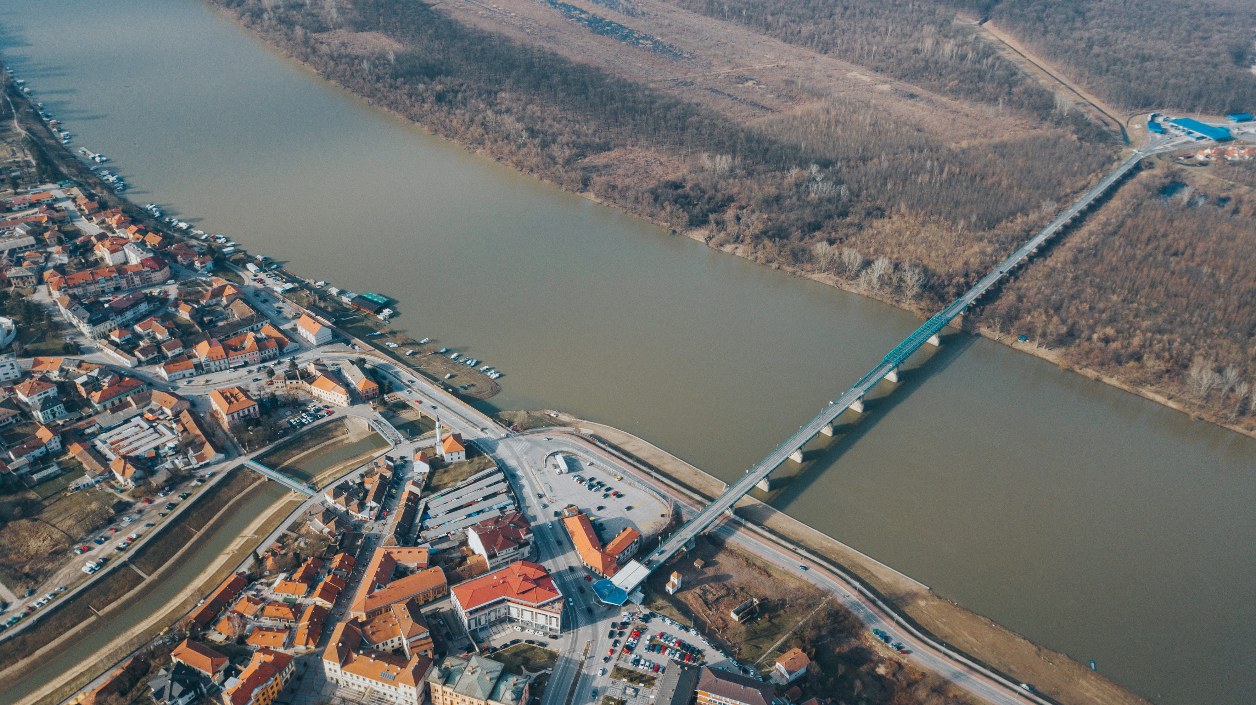transportation, bridge, bosnia and herzegovina, road, view, scenery, aerial, brčko, environment, travel destinations, urban, water, pollution, waterfront, HD Wallpaper