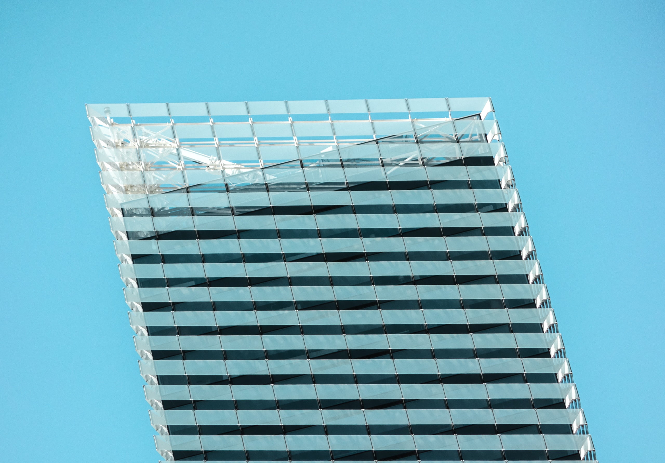 office, s, clear sky, turquoise colored, eye, 2K, no people, day, blue, city, rise, architecture, worm, skyscraper, sunny, outdoors, built structure, abstract, HD Wallpaper