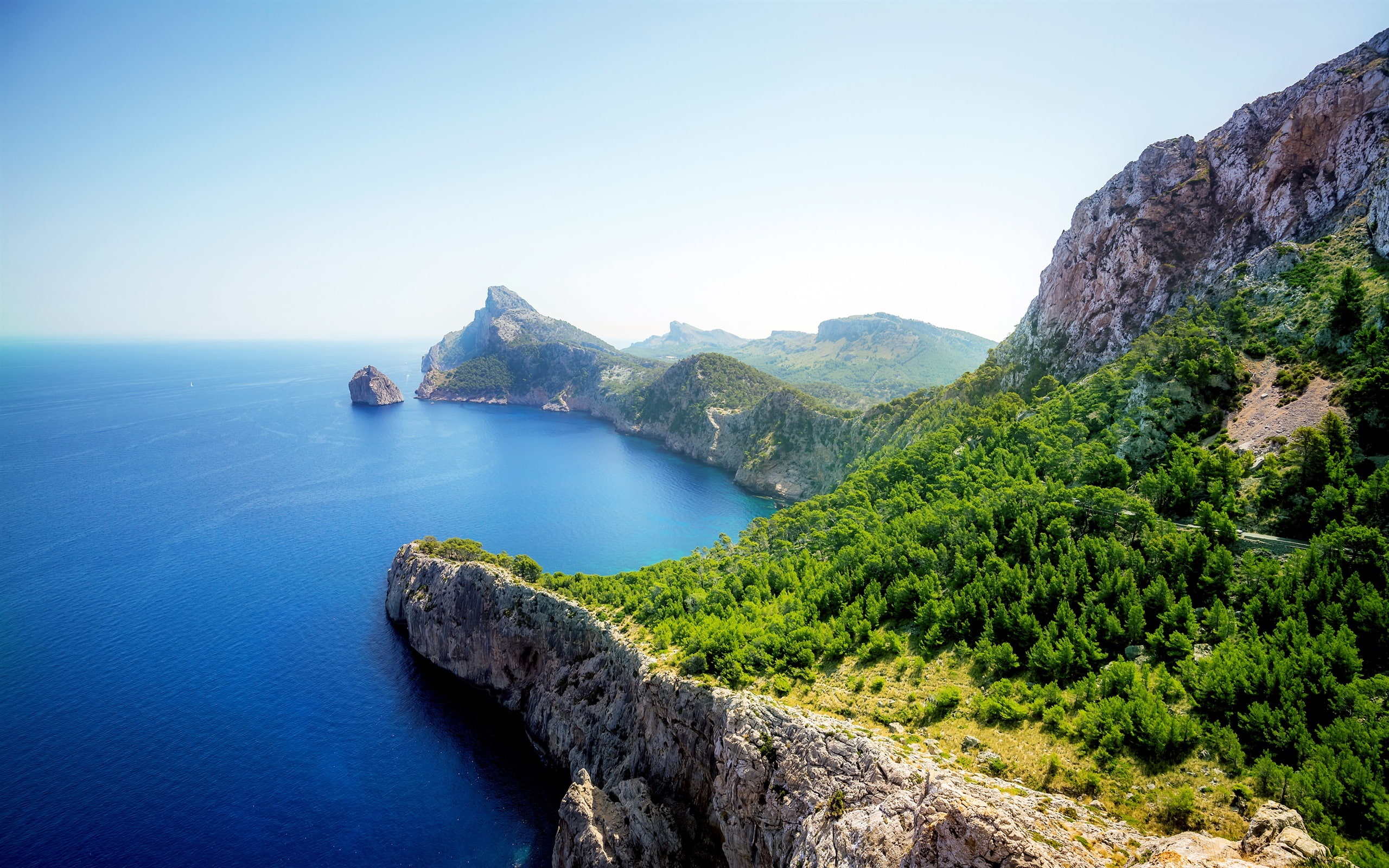 Trees, Sunny, Sea, Coast, 2K, Rocks, Day, Green, HD Wallpaper