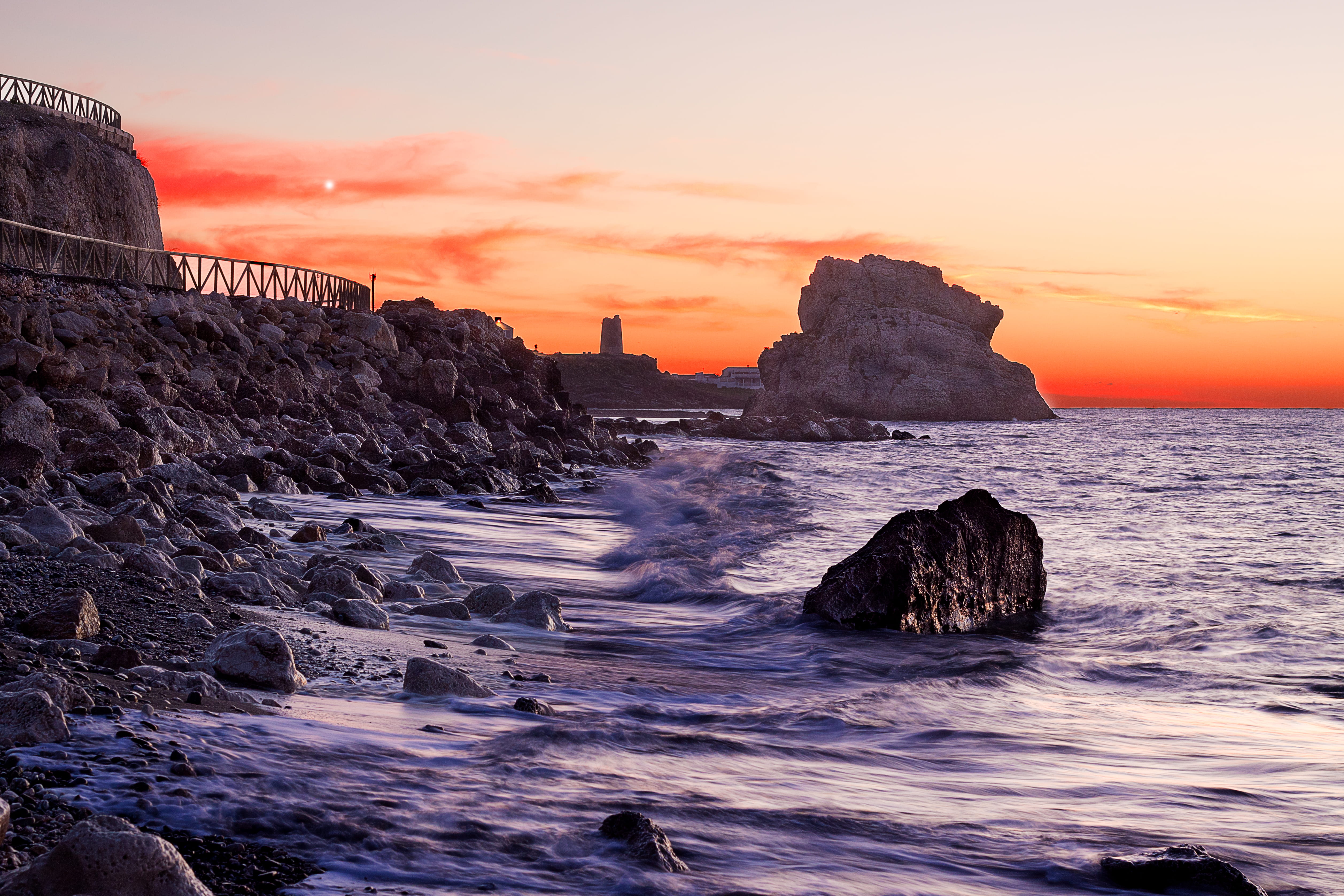 spain, nature, quino, amanecer, no people, scenics - nature, beach, orange color, 4K, málaga, rock - object, tranquil scene, cloud - sky, olas, mediterráneo, HD Wallpaper