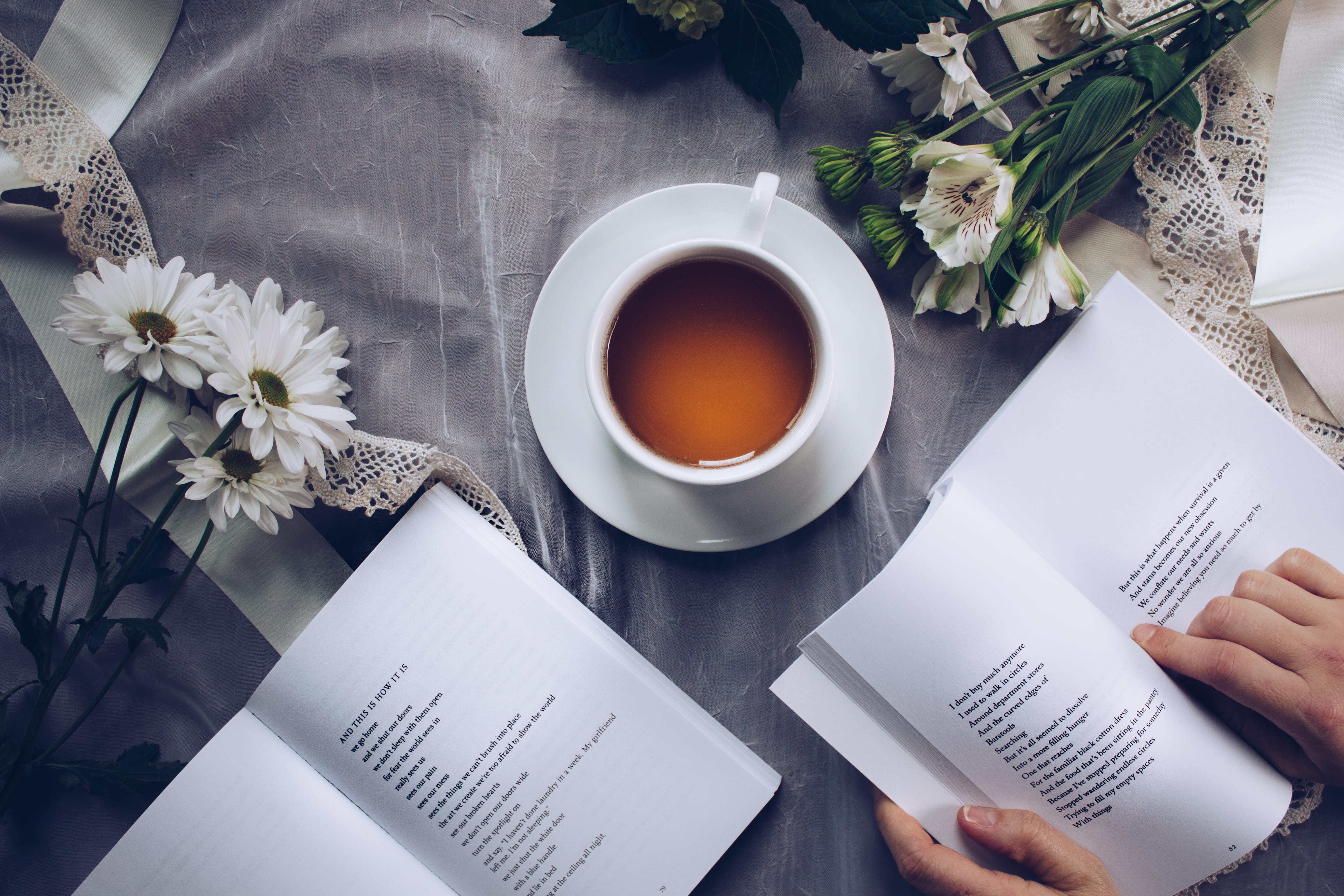 near, cup, tea - hot drink, flowering plant, 5K, flower head, freshness, mug, saucer, coffee cup, human hand, high angle view, white, food and drink, paper, HD Wallpaper