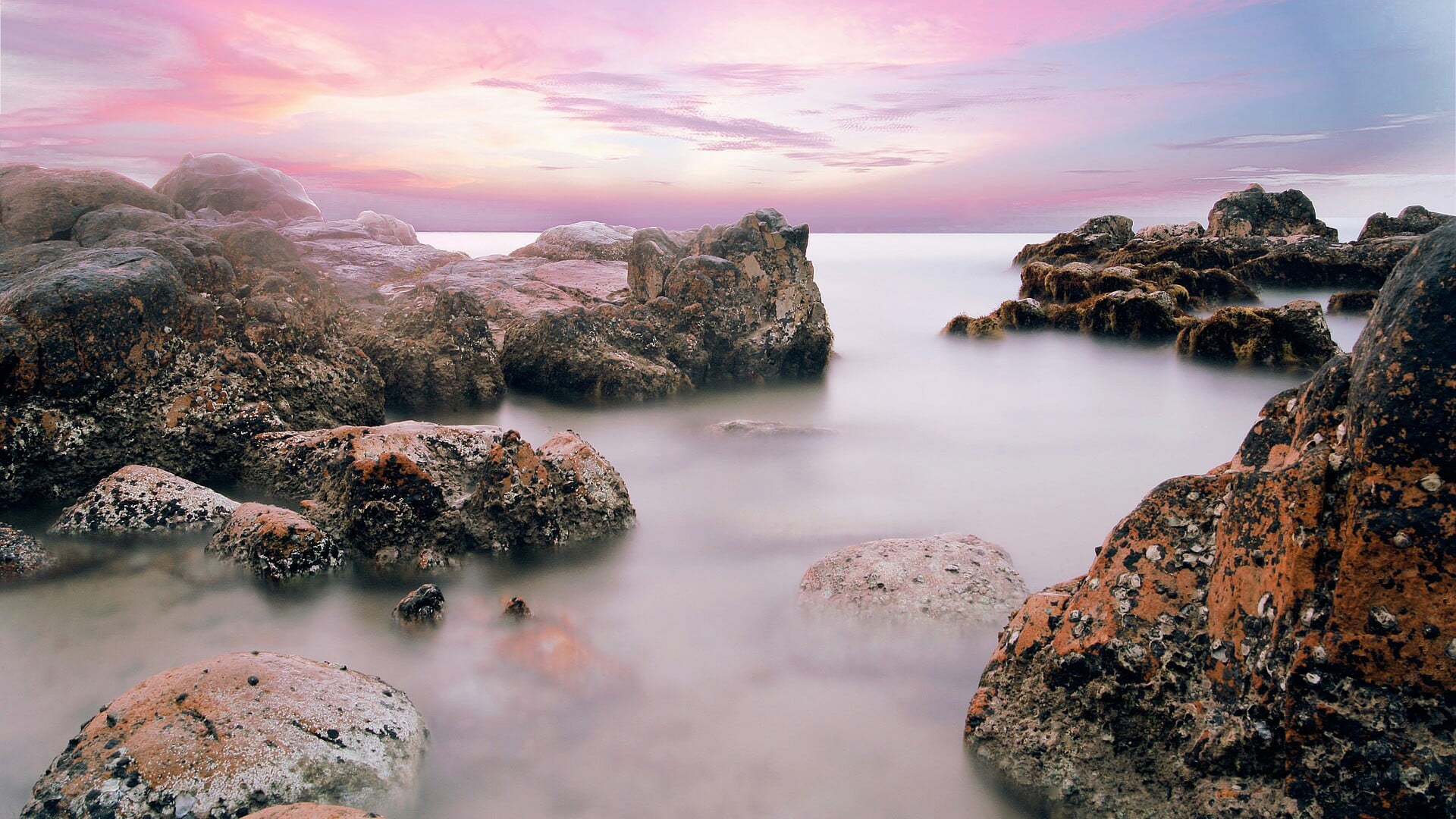 rock formation, sea, tranquility, rocky, vietnam, non-urban scene, co thach beach, no people, solid, phan thiet, scenics - nature, cloud - sky, pink sky, HD Wallpaper