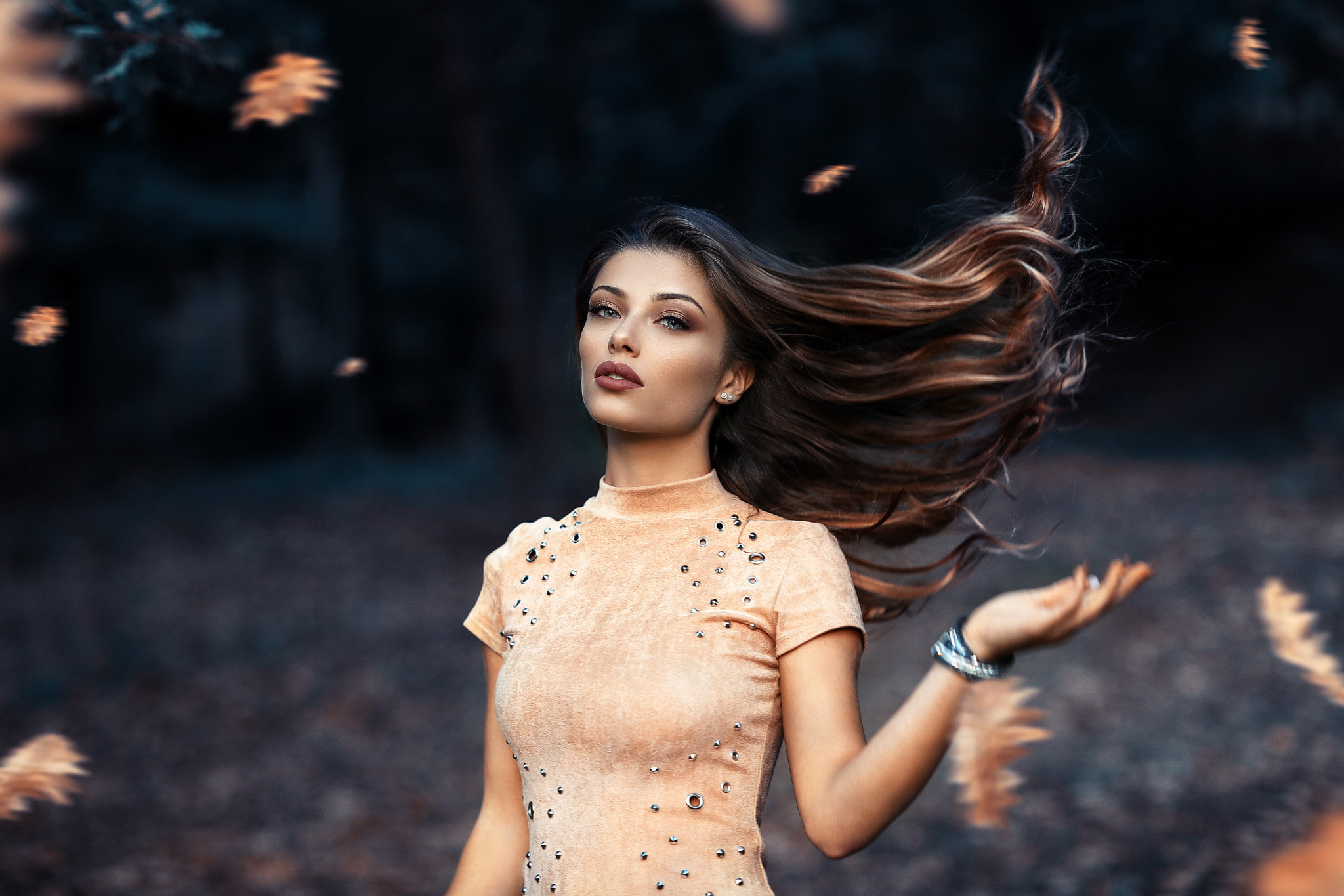 outdoors, leaves, adult, young women, depth of field, beautiful woman, waist up, fashion, hairstyle, women, elegance, dress, human hair, Alessandro Di Cicco, HD Wallpaper