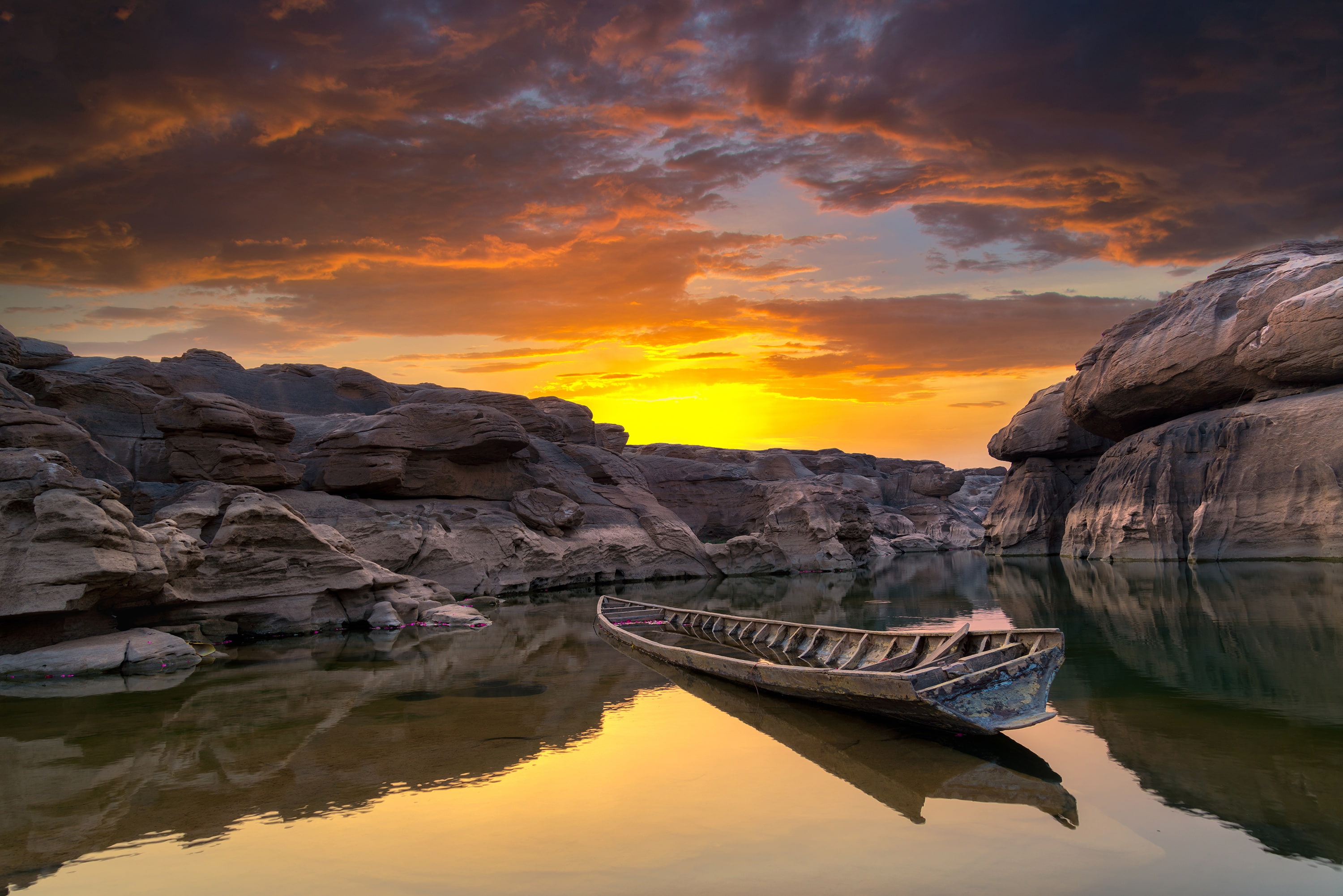 Ubon Ratchathani, sunset, the sky, 2K, stones, pond, rocks, boat, canyon, clouds, Thailand, HD Wallpaper