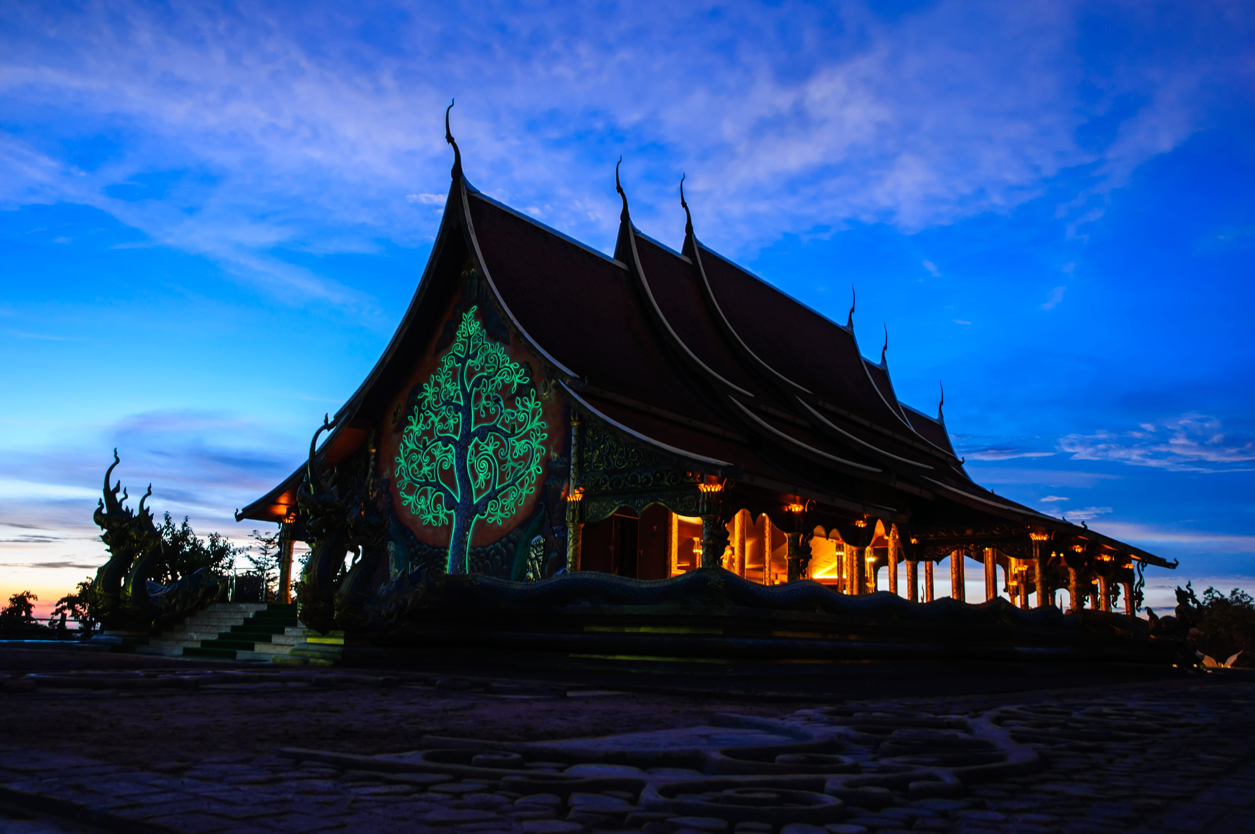 travel destinations, dusk, buddhist, 4K, outdoors, illuminated, nature, focus, merit, building, history, a pilgrimage, spire, tourism, sky, city, built structure, HD Wallpaper